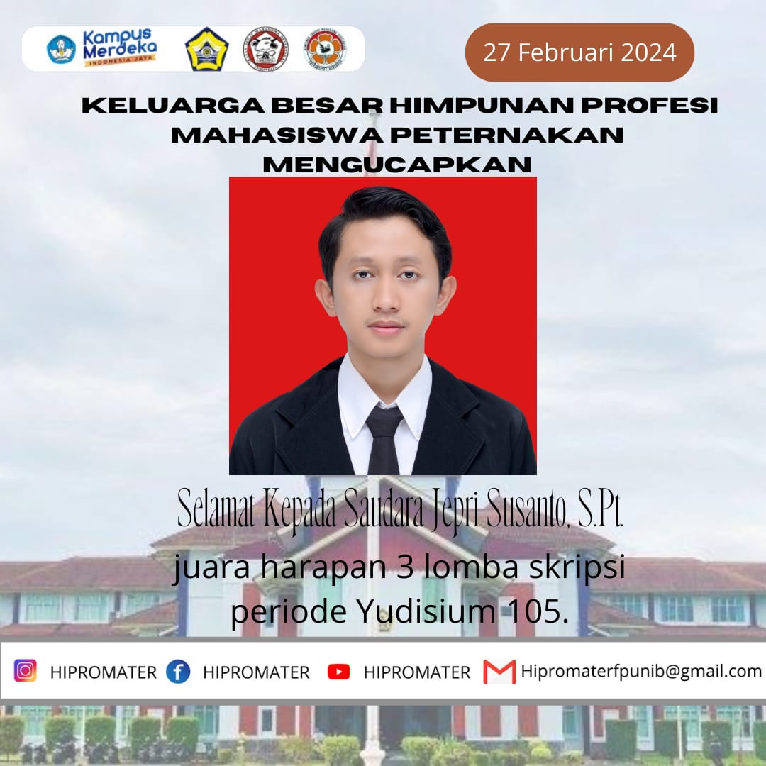 Congratulations to Jepri Susanto, S.Pt., 3rd runner-up in the thesis competition for Yudisium period 105, February 27, 2024.