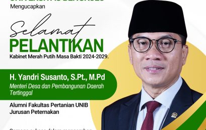 Jurusan Peternakan Fakultas Pertanian Universitas Bengkulu dan ISPI Wilayah Bengkulu Mengucapkan Selamat dan Sukses kepada H. Yandri Susanto, S.Pt., M.Pd sebagai Menteri Desa dan Pembangunan Daerah Tertinggal
