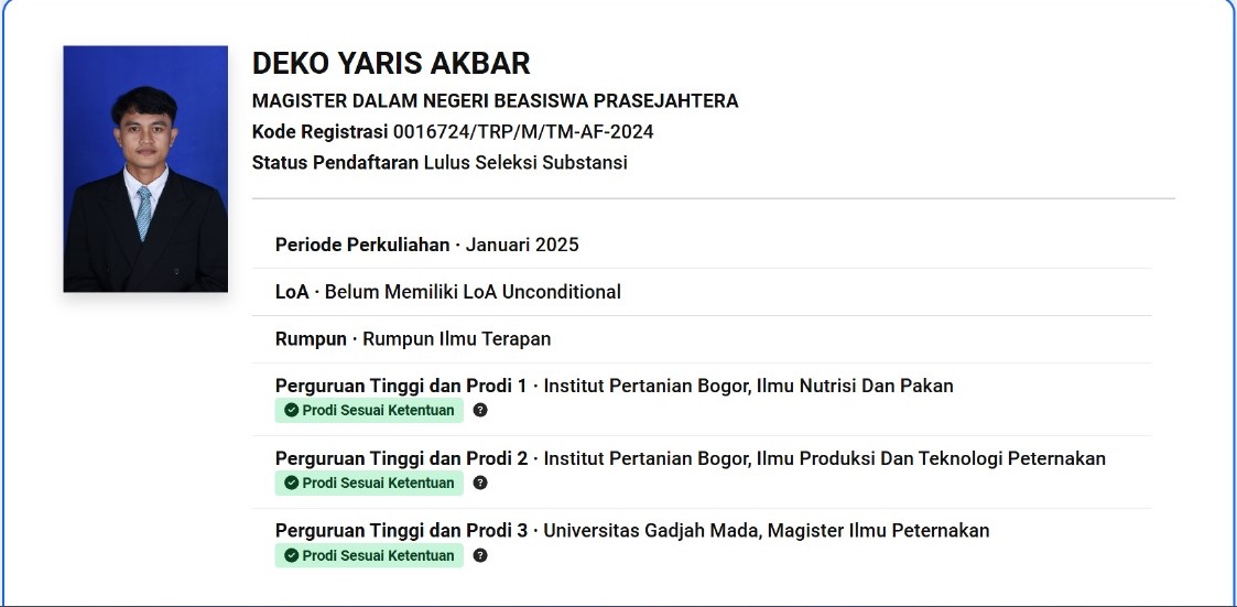 Deko Yaris Akbar, Alumni Prodi Peternakan Unib, penerima Beasiswa LPDP di IPB University