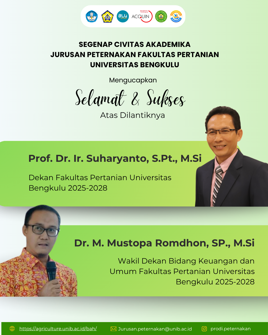 Civitas Akademika Jurusan Peternakan UNIB Ucapkan Selamat atas Pelantikan Dekan dan Wakil Dekan Fakultas Pertanian Periode 2025–2028