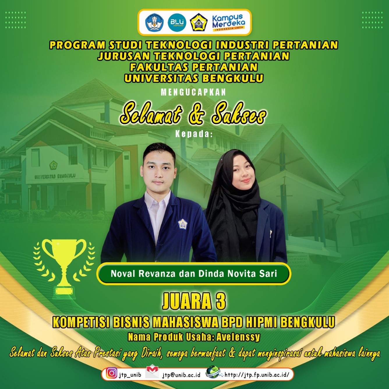 NOVAL REVANZA AND DINDA NOVITA SARI WON 3RD PLACE IN THE BENGKULU PROVINCE STUDENT BUSINESS COMPETITION NOVAL REVANZA AND DINDA NOVITA SARI WON 3RD PLACE IN THE BENGKULU PROVINCE STUDENT BUSINESS COMPETITION