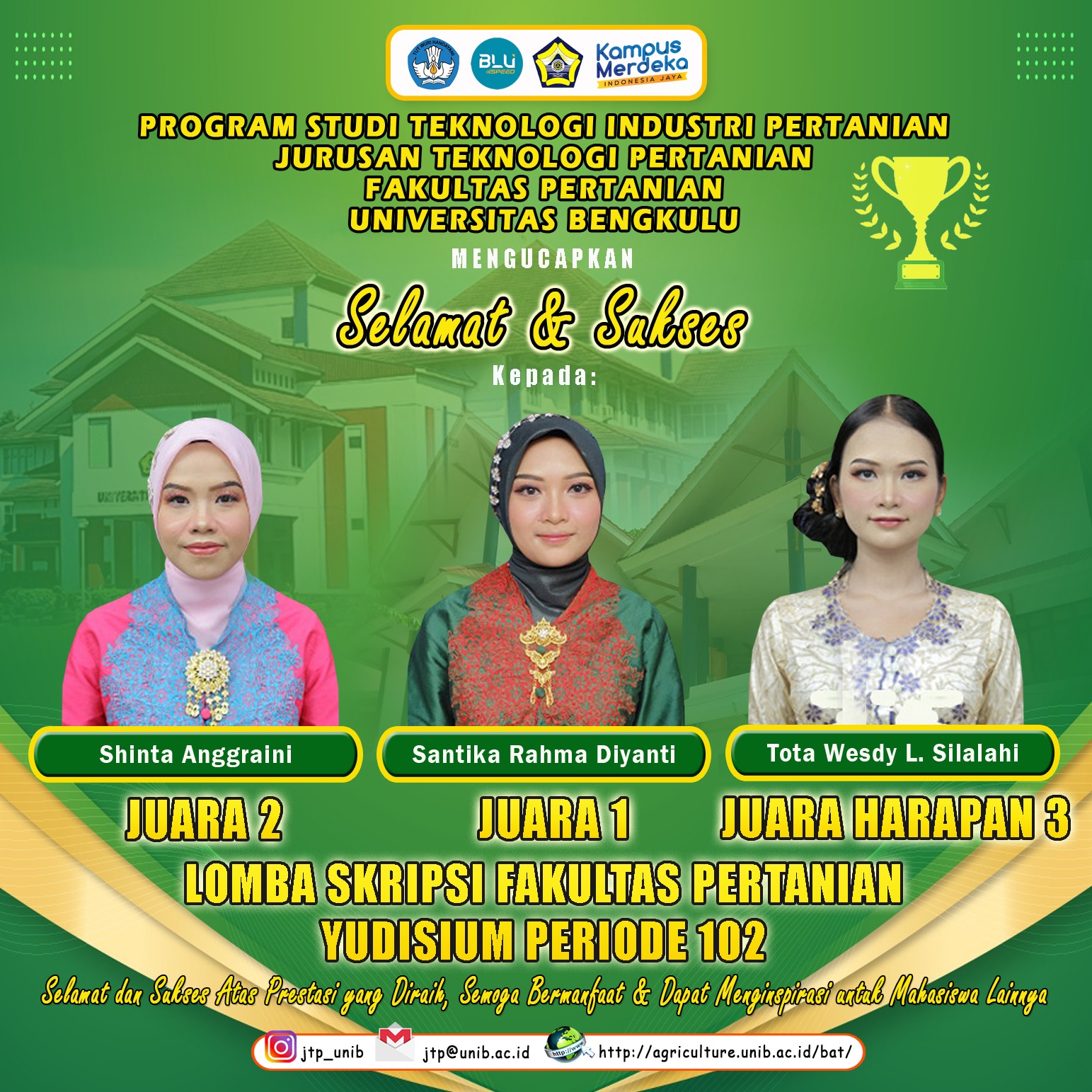 3 Srikandi of Department of Agricultural Technology Won Champion in Thesis Contest of Faculty of Agriculture Period 102 3 Srikandi of Department of Agricultural Technology Won Champion in Thesis Contest of Faculty of Agriculture Period 102