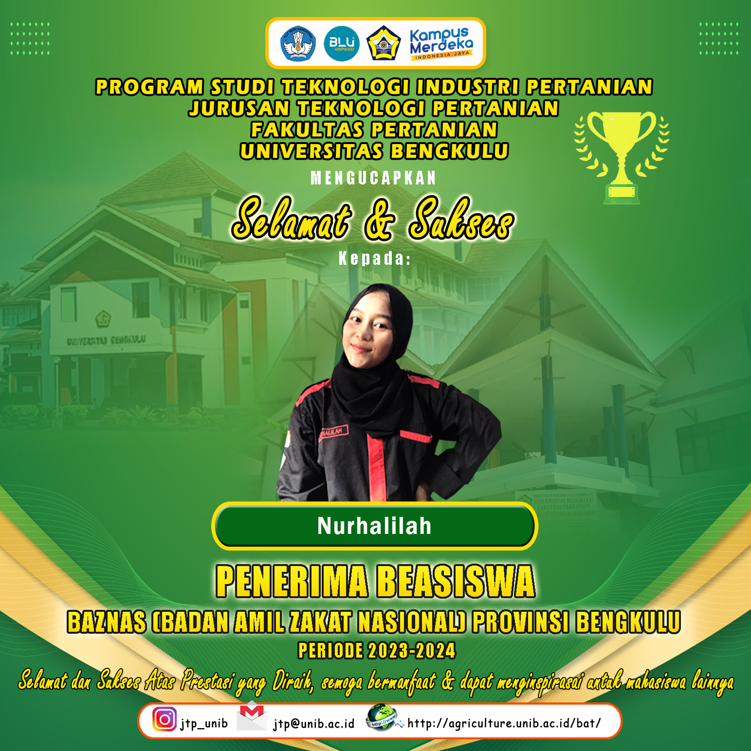 Agricultural Technology Departement Student Nurhalilah Passes BAZNAS Scholarship Selection of Bengkulu Province Agricultural Technology Departement Student Nurhalilah Passes BAZNAS Scholarship Selection of Bengkulu Province