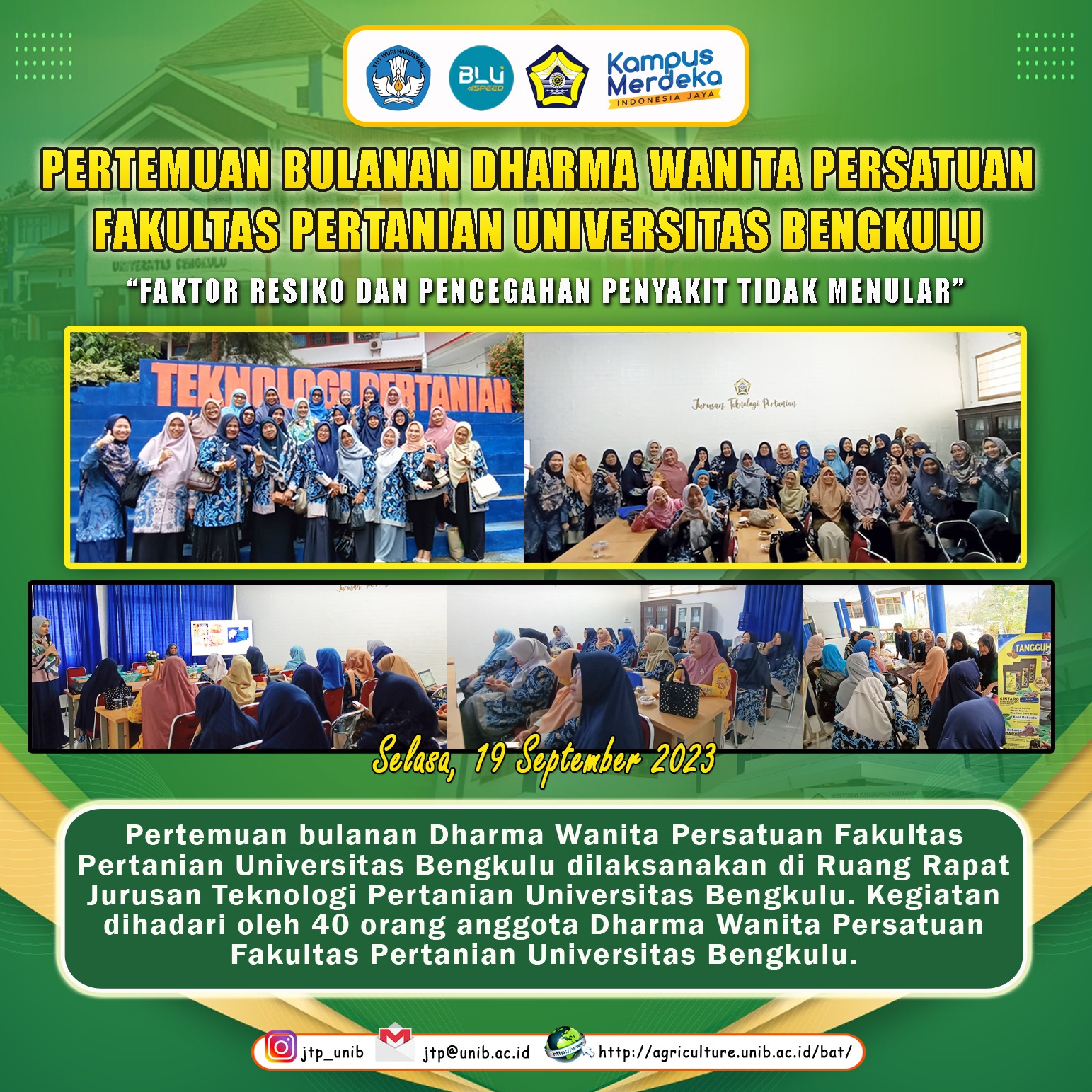 The Monthly Meeting of the Dharma Wanita Association of the Faculty of Agriculture, University of Bengkulu Discusses Risk Factors and Prevention of Non-Communicable Diseases as an Effort for Healthy Living The Monthly Meeting of the Dharma Wanita Association of the Faculty of Agriculture, University of Bengkulu Discusses Risk Factors and Prevention of Non-Communicable Diseases as an Effort for Healthy Living