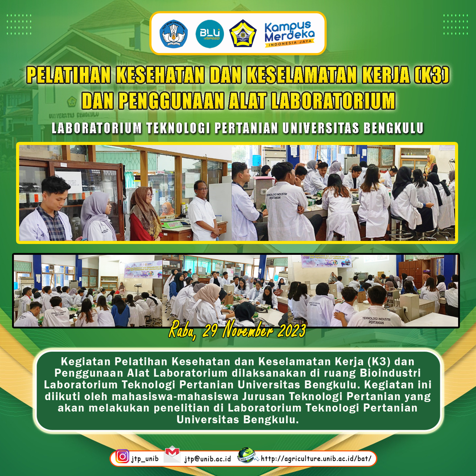Agricultural Technology Laboratory of Bengkulu University Conducts Occupational Health and Safety Training and Use of Laboratory Equipment Agricultural Technology Laboratory of Bengkulu University Conducts Occupational Health and Safety Training and Use of Laboratory Equipment