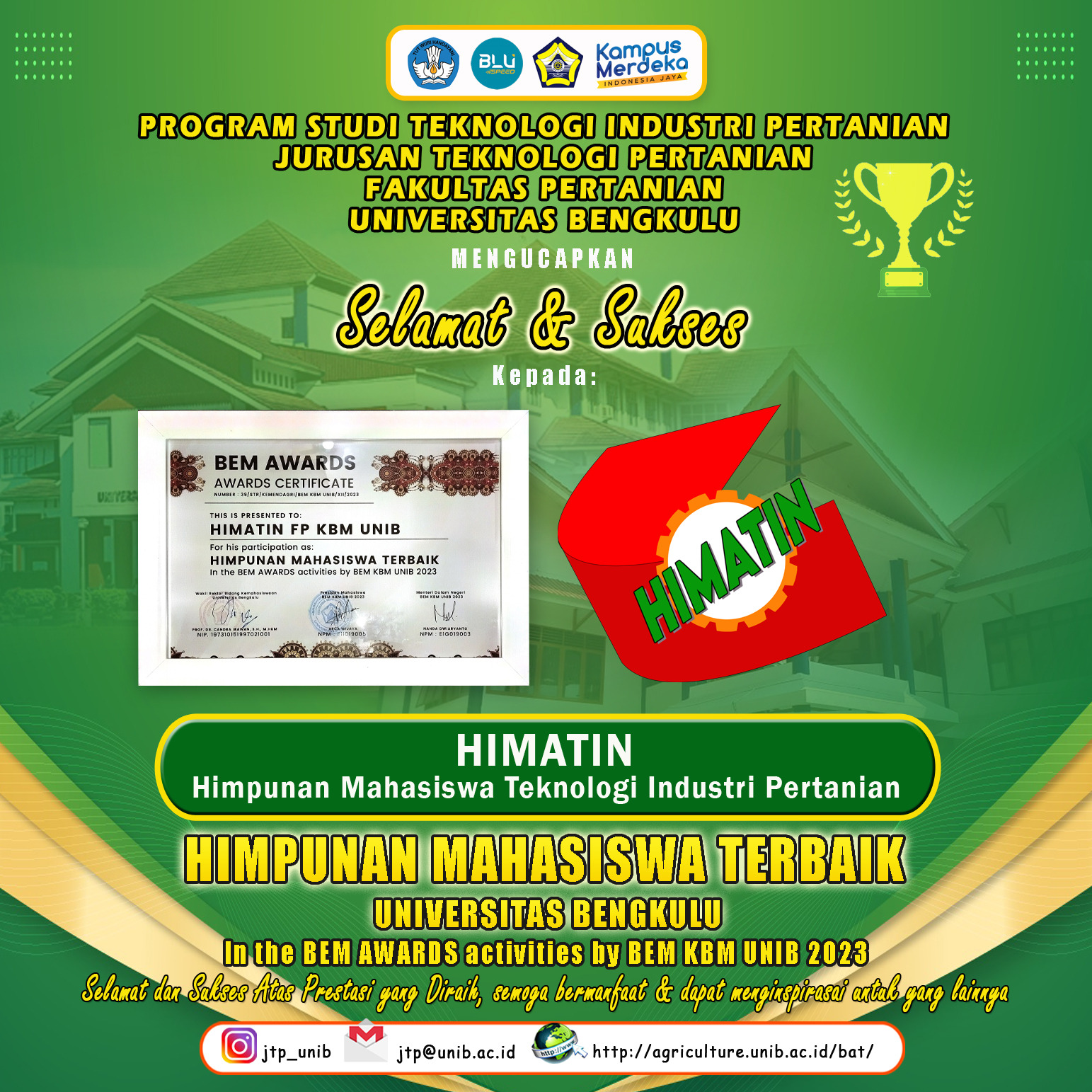 HIMATIN became the best student association of Bengkulu University at the 2023 BEM AWARDS HIMATIN became the best student association of Bengkulu University at the 2023 BEM AWARDS