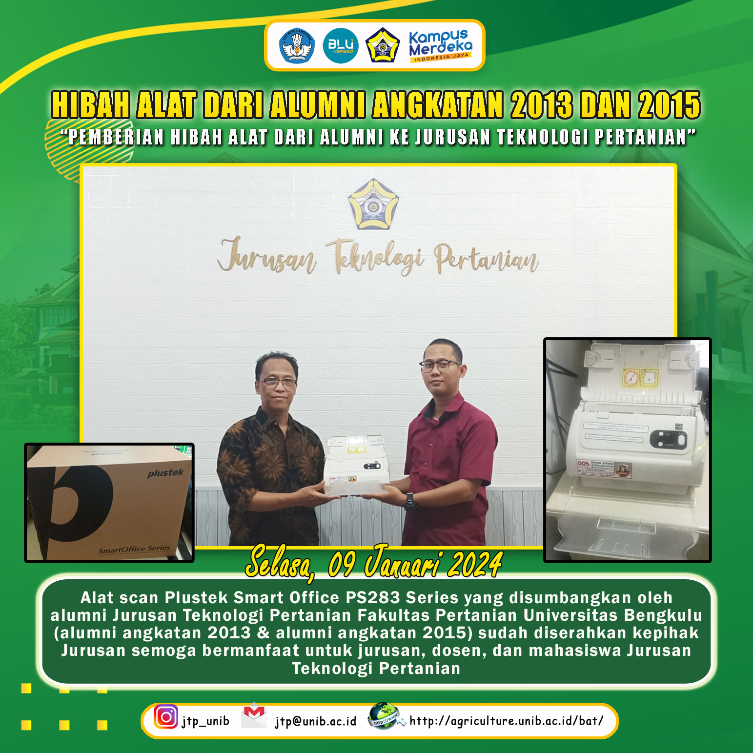 Alumni of the Department of Agricultural Technology Class of 2013 and 2015 Give Tool Grants to the Department of Agricultural Technology, Faculty of Agriculture, University of Bengkulu Alumni of the Department of Agricultural Technology Class of 2013 and 2015 Give Tool Grants to the Department of Agricultural Technology, Faculty of Agriculture, University of Bengkulu