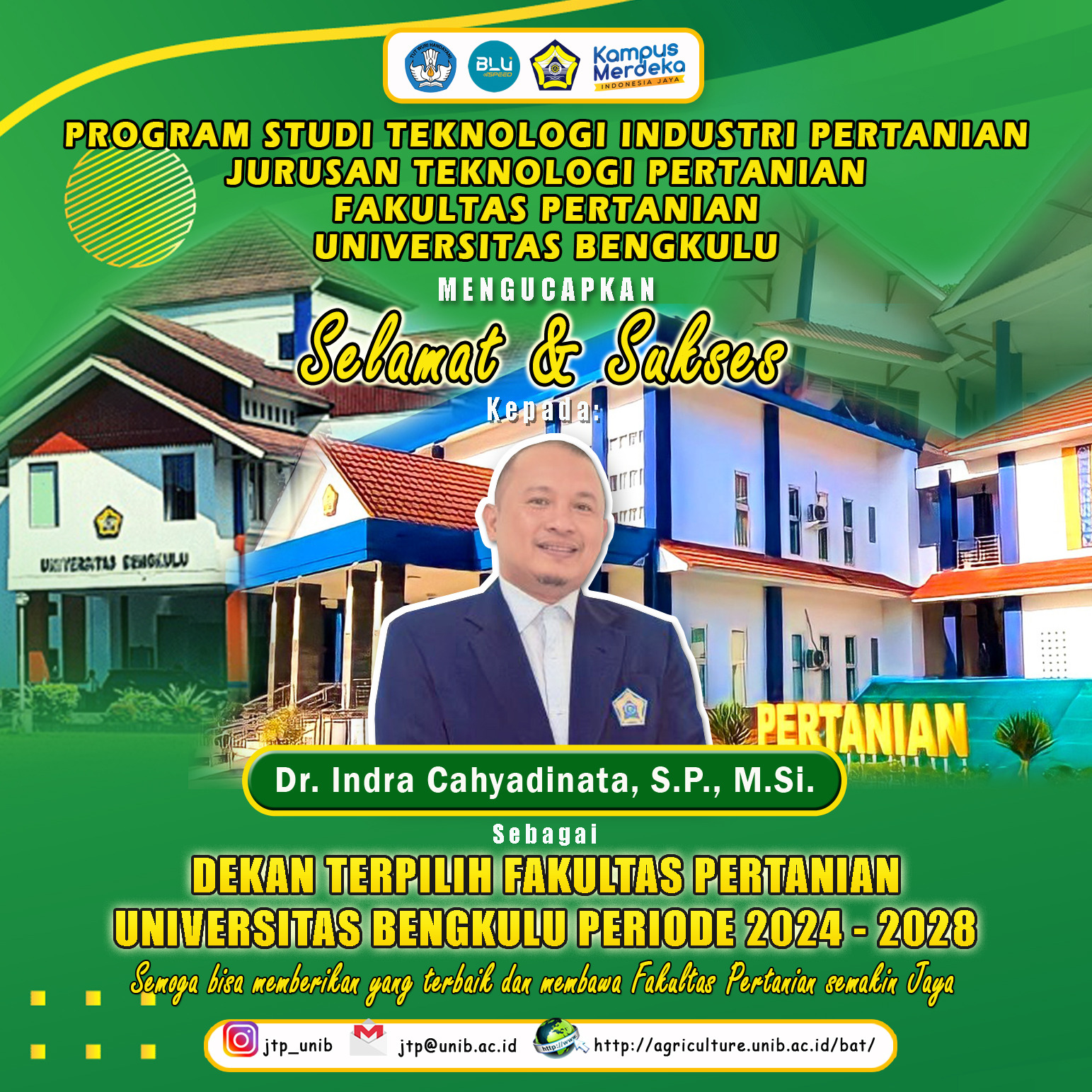 Dr. Indra Cahyadinata, S.P., M.Si. won the most votes in the Dean Election of the Faculty of Agriculture, University of Bengkulu Dr. Indra Cahyadinata, S.P., M.Si. won the most votes in the Dean Election of the Faculty of Agriculture, University of Bengkulu