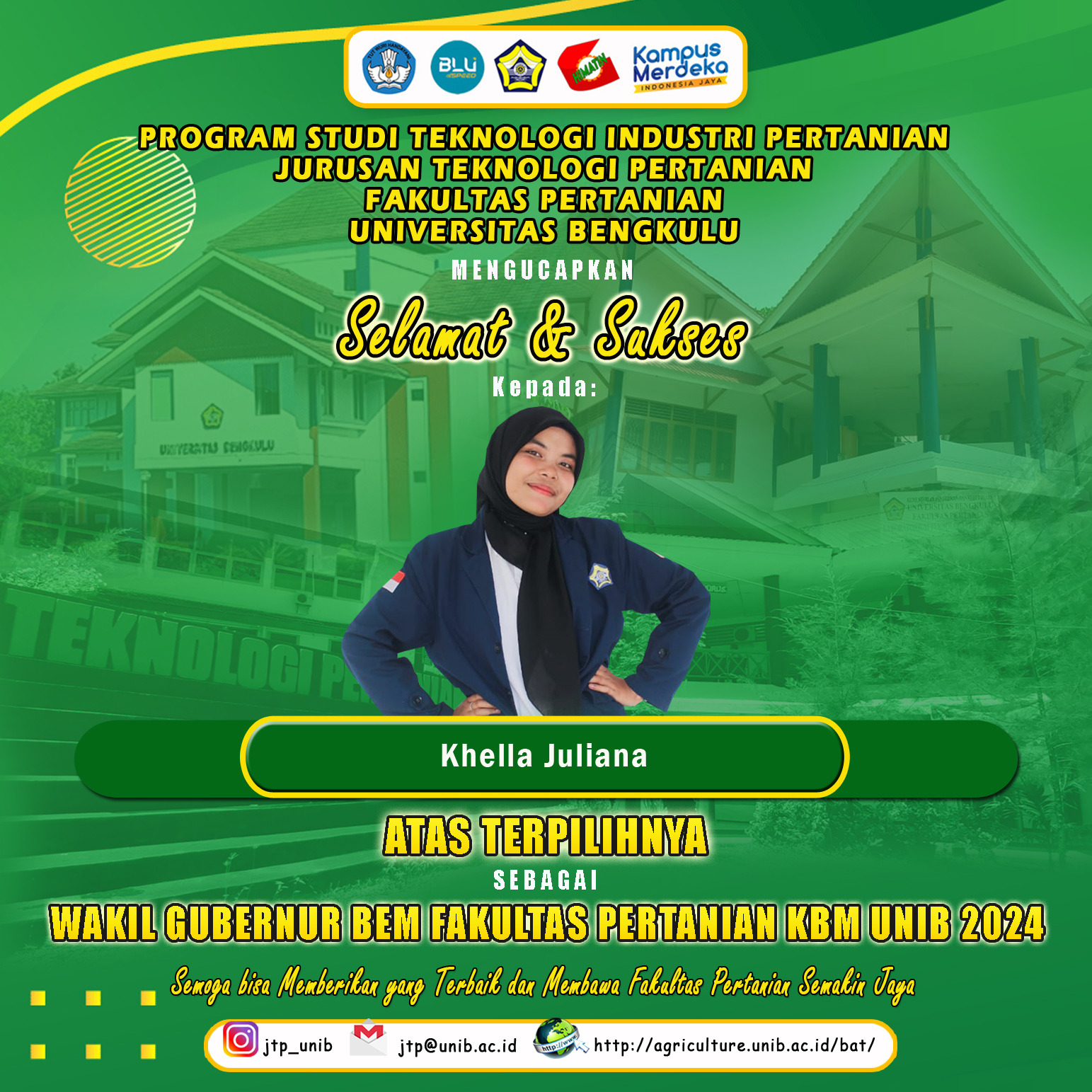 Khella Juliana, elected as Deputy Governor of BEM Faculty of Agriculture, University of Bengkulu Student Big Family 2024 Khella Juliana, elected as Deputy Governor of BEM Faculty of Agriculture, University of Bengkulu Student Big Family 2024