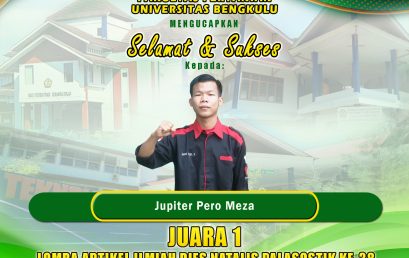 Jupiter Pero Meza, a student of the Department of Agricultural Technology Won 1st place in the 38th PALASOSTIK Anniversary Scientific Article Competition, Faculty of Social & Political Sciences, University of Bengkulu