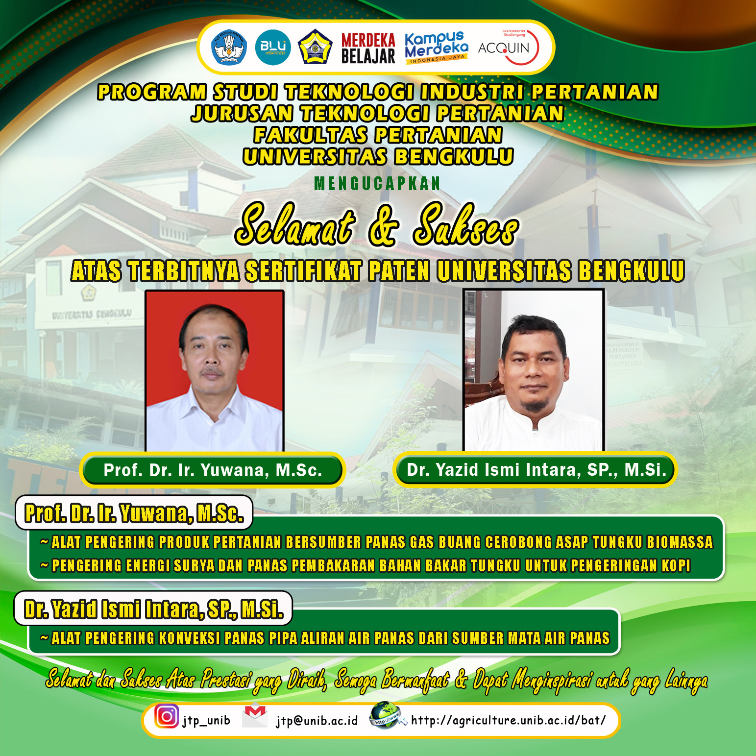 Prof. Dr. Ir. Yuwana, M.Sc. and Dr. Yazid Ismi Intara, SP., M.Si. and the Team, Lecturers of the Department of Agricultural Technology Obtained a Simple Patent Certificate Prof. Dr. Ir. Yuwana, M.Sc. and Dr. Yazid Ismi Intara, SP., M.Si. and the Team, Lecturers of the Department of Agricultural Technology Obtained a Simple Patent Certificate