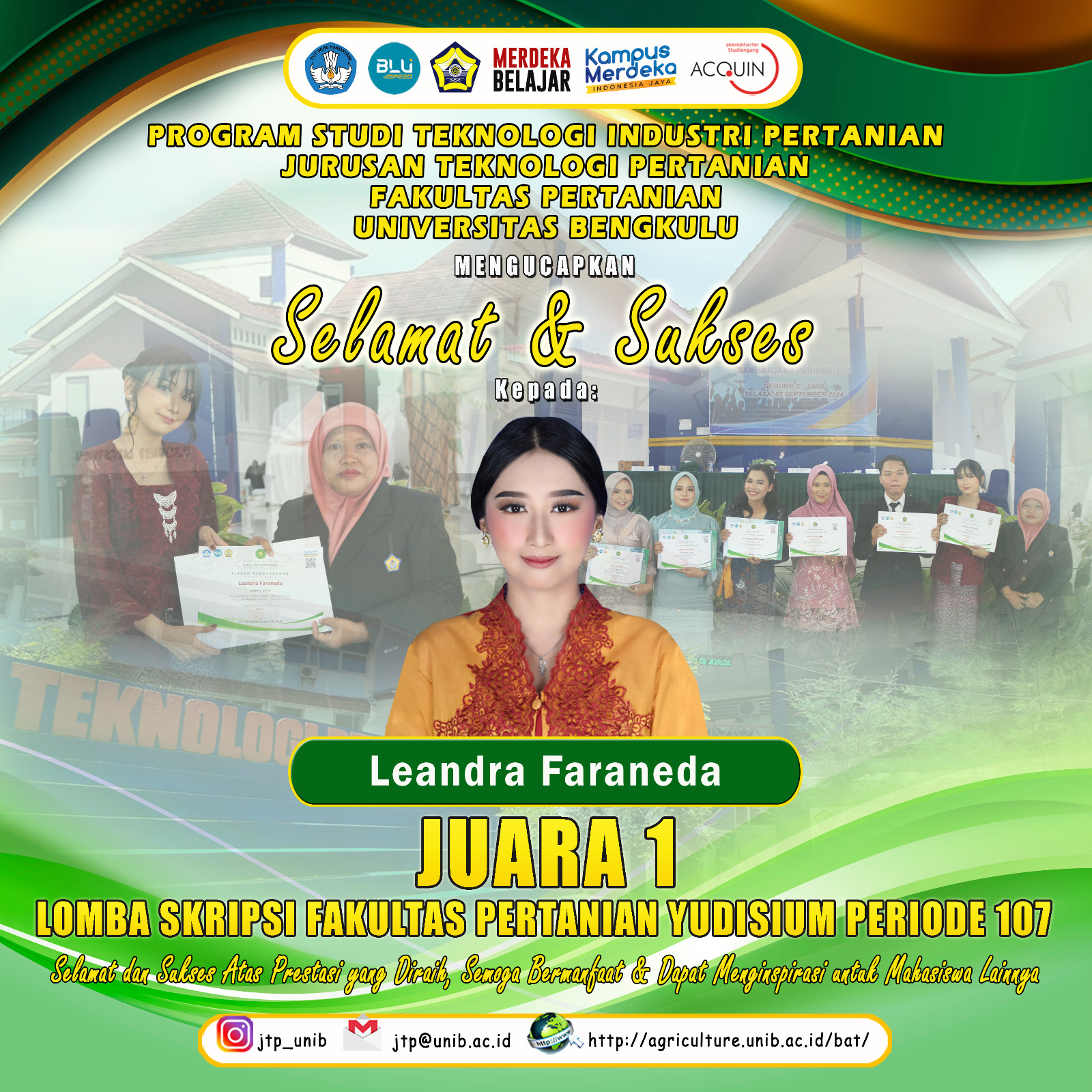 Leandra Faraneda, a student of the Department of Agricultural Technology, won 1st place in the 107th Period of the Faculty of Agriculture Thesis Competition Leandra Faraneda, a student of the Department of Agricultural Technology, won 1st place in the 107th Period of the Faculty of Agriculture Thesis Competition