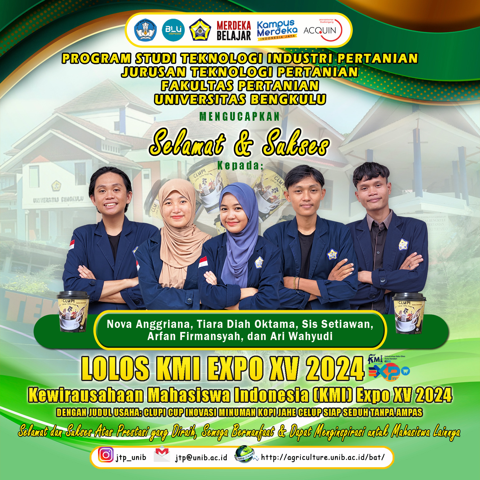 Nova, Tiara, Sis, Arfan, and Ari, Students of the Department of Agricultural Technology Passed the Selection of KMI EXPO XV 2024 Nova, Tiara, Sis, Arfan, and Ari, Students of the Department of Agricultural Technology Passed the Selection of KMI EXPO XV 2024