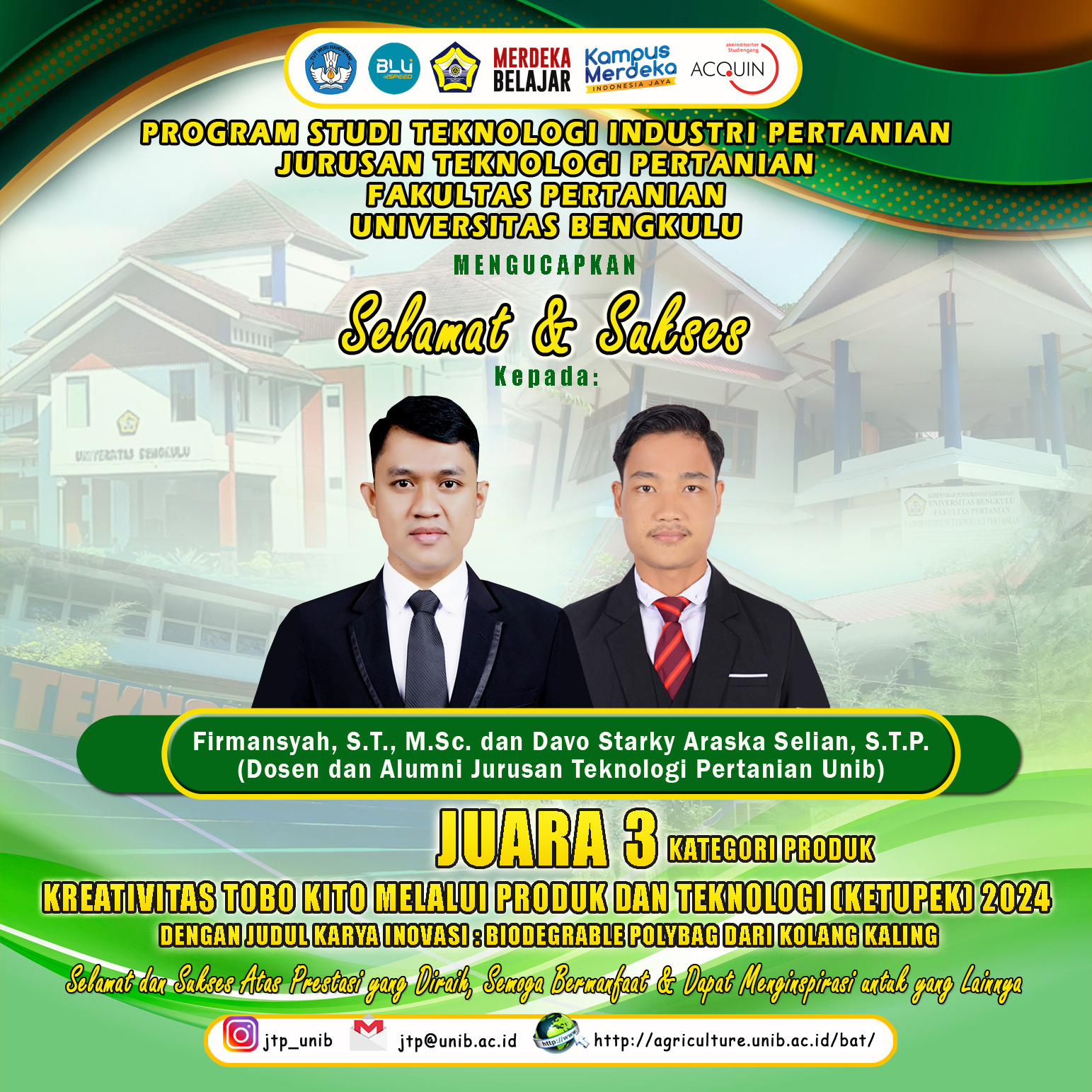 Firmansyah and Davo Starky Araska Selian, Lecturer and Alumni of the Department of Agricultural Technology, University of Bengkulu Won 3rd Place in the Product Category of the 2024 KETUPEK Competition Firmansyah and Davo Starky Araska Selian, Lecturer and Alumni of the Department of Agricultural Technology, University of Bengkulu Won 3rd Place in the Product Category of the 2024 KETUPEK Competition