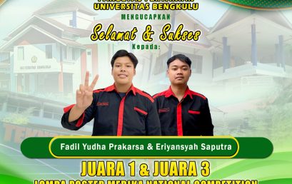 Fadil Yudha Prakarsa and Eriyansyah Saputra, Students of the Department of Agricultural Technology, 1st and 3rd Place in the MEDIKA National Competition UKM Media Cendekia Poster Competition, Faculty of Agriculture, University of Bengkulu