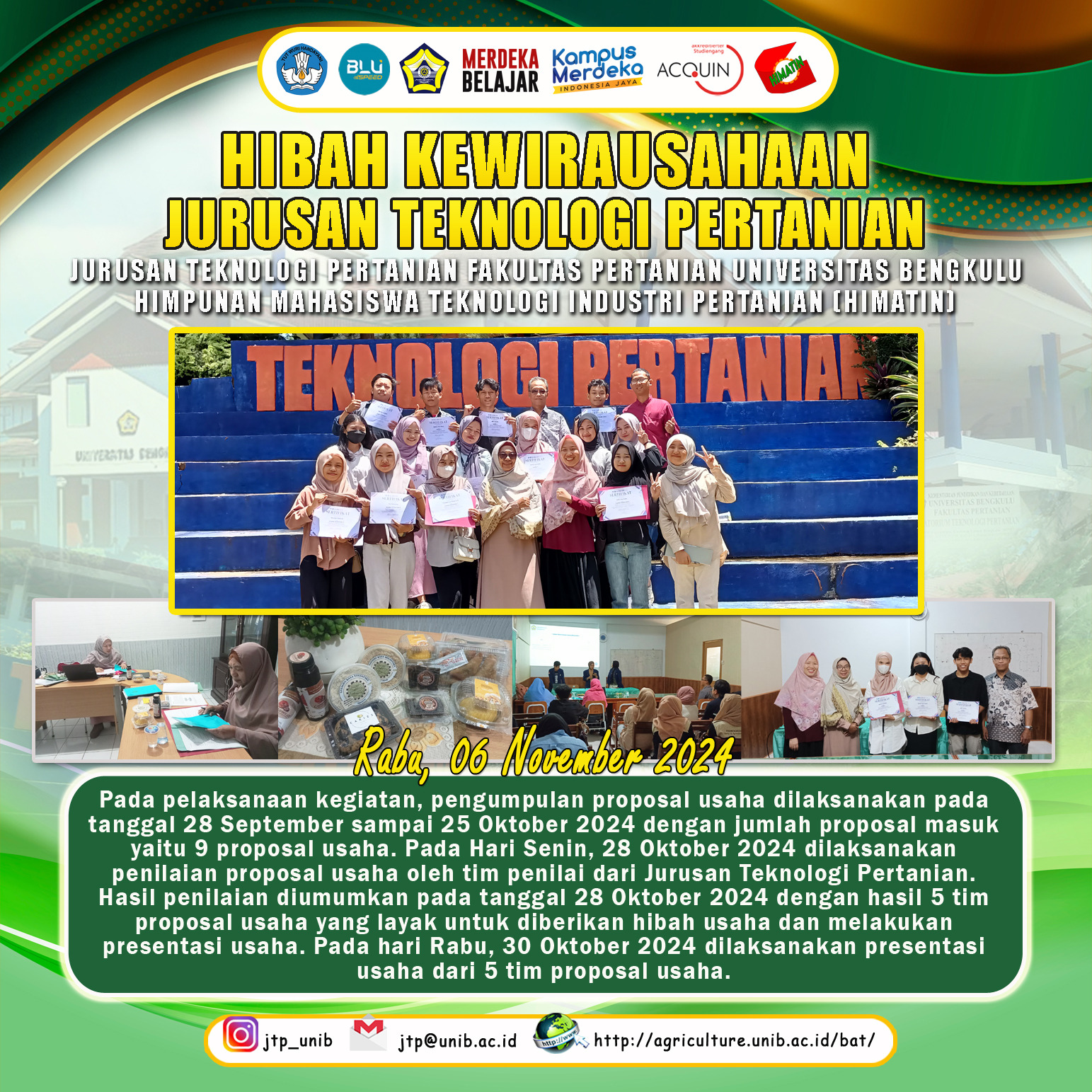 Entrepreneurship Grant for the Department of Agricultural Technology Improves the Entrepreneurial Spirit of Students of the Department of Agricultural Technology, University of Bengkulu Entrepreneurship Grant for the Department of Agricultural Technology Improves the Entrepreneurial Spirit of Students of the Department of Agricultural Technology, University of Bengkulu