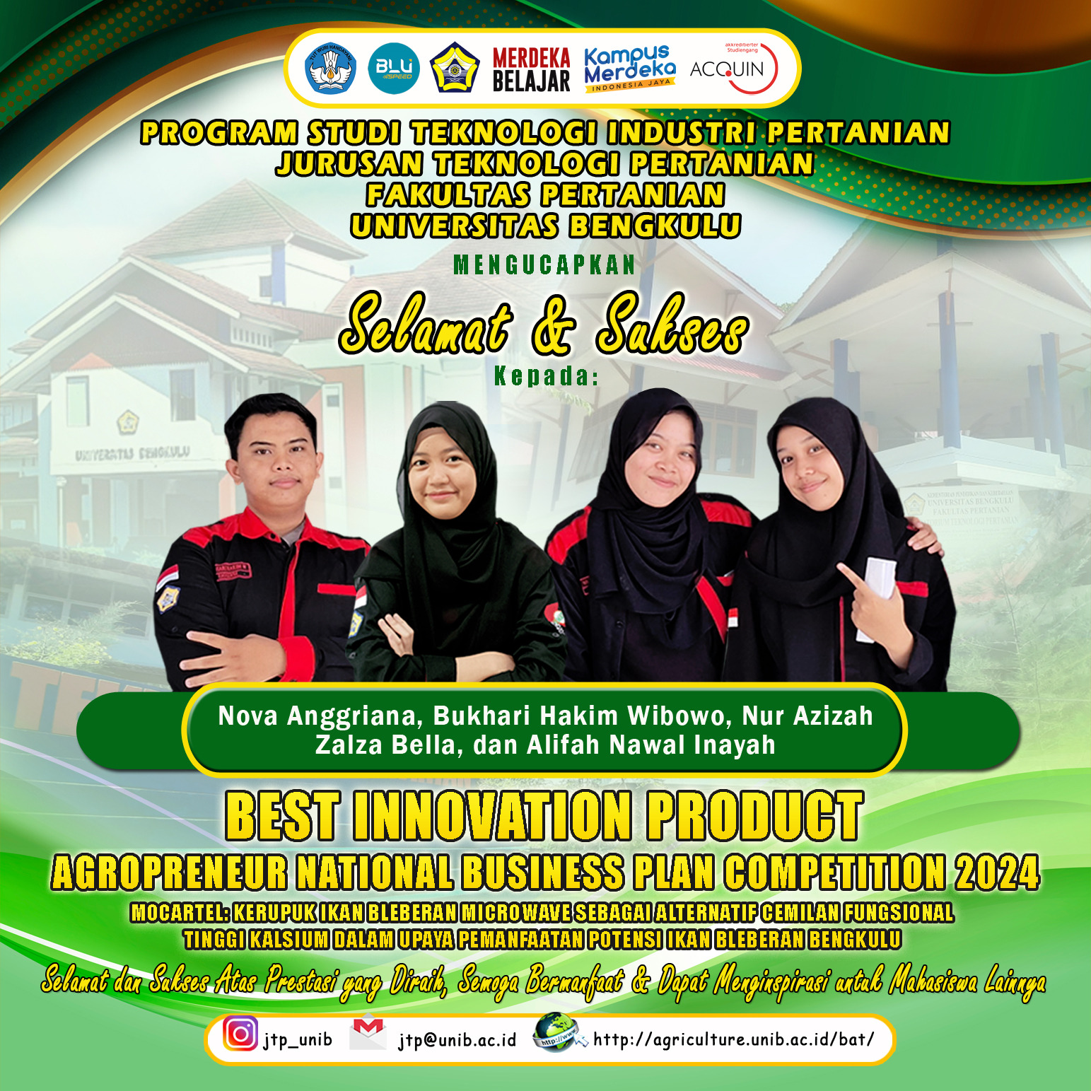 Nova Anggriana and Team, Students of the Department of Agricultural Technology Win the Best Innovative Product at the AGROPRENEUR National Business Plan Competition 2024 Nova Anggriana and Team, Students of the Department of Agricultural Technology Win the Best Innovative Product at the AGROPRENEUR National Business Plan Competition 2024