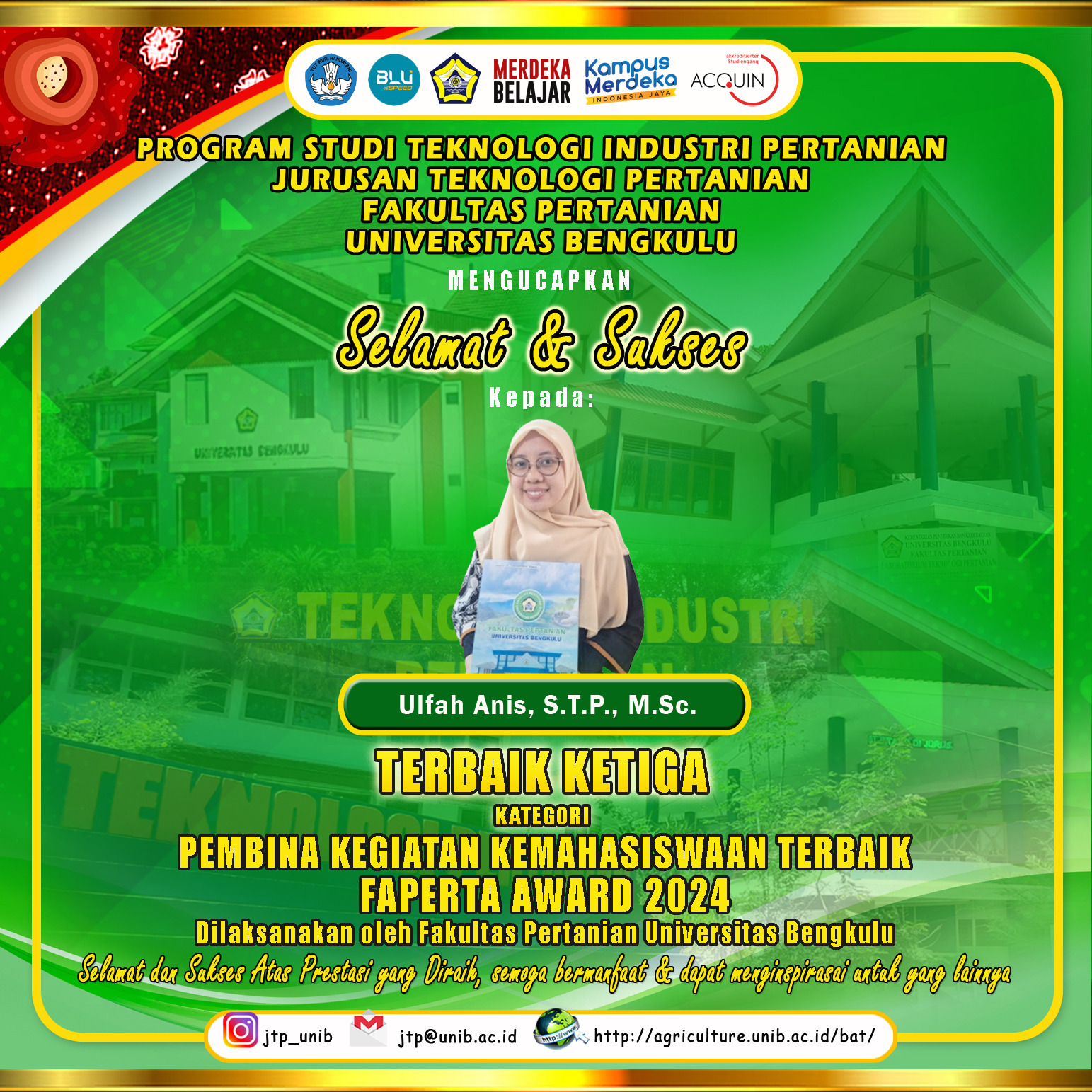 Ulfah Anis, Lecturer of the Department of Agricultural Technology, won the Third Best Student Activity Supervisor Award at the 2024 FAPERTA Award Ulfah Anis, Lecturer of the Department of Agricultural Technology, won the Third Best Student Activity Supervisor Award at the 2024 FAPERTA Award