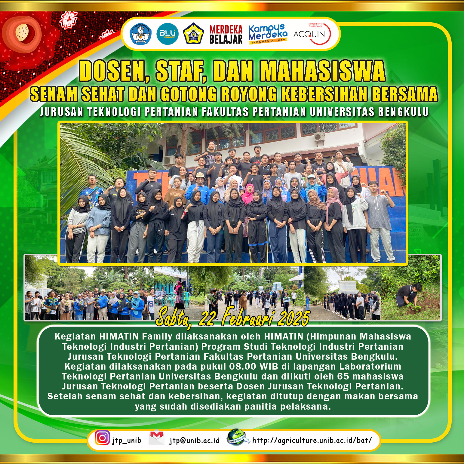 Lecturers, staff, and students of the Department of Agricultural Technology, Healthy Gymnastics and Hygiene Cooperation with the Laboratory Environment and the Department of Agricultural Technology Lecturers, staff, and students of the Department of Agricultural Technology, Healthy Gymnastics and Hygiene Cooperation with the Laboratory Environment and the Department of Agricultural Technology