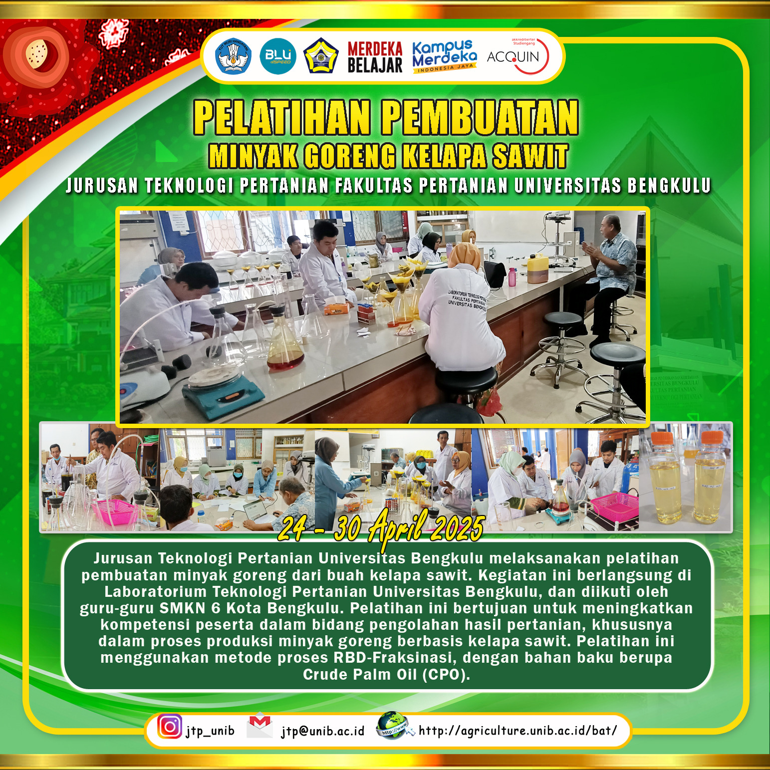 Department of Agricultural Technology Carries Out Training on Making Palm Oil in the Context of Improving the Competency of Teachers of SMKN 6 Bengkulu City Department of Agricultural Technology Carries Out Training on Making Palm Oil in the Context of Improving the Competency of Teachers of SMKN 6 Bengkulu City