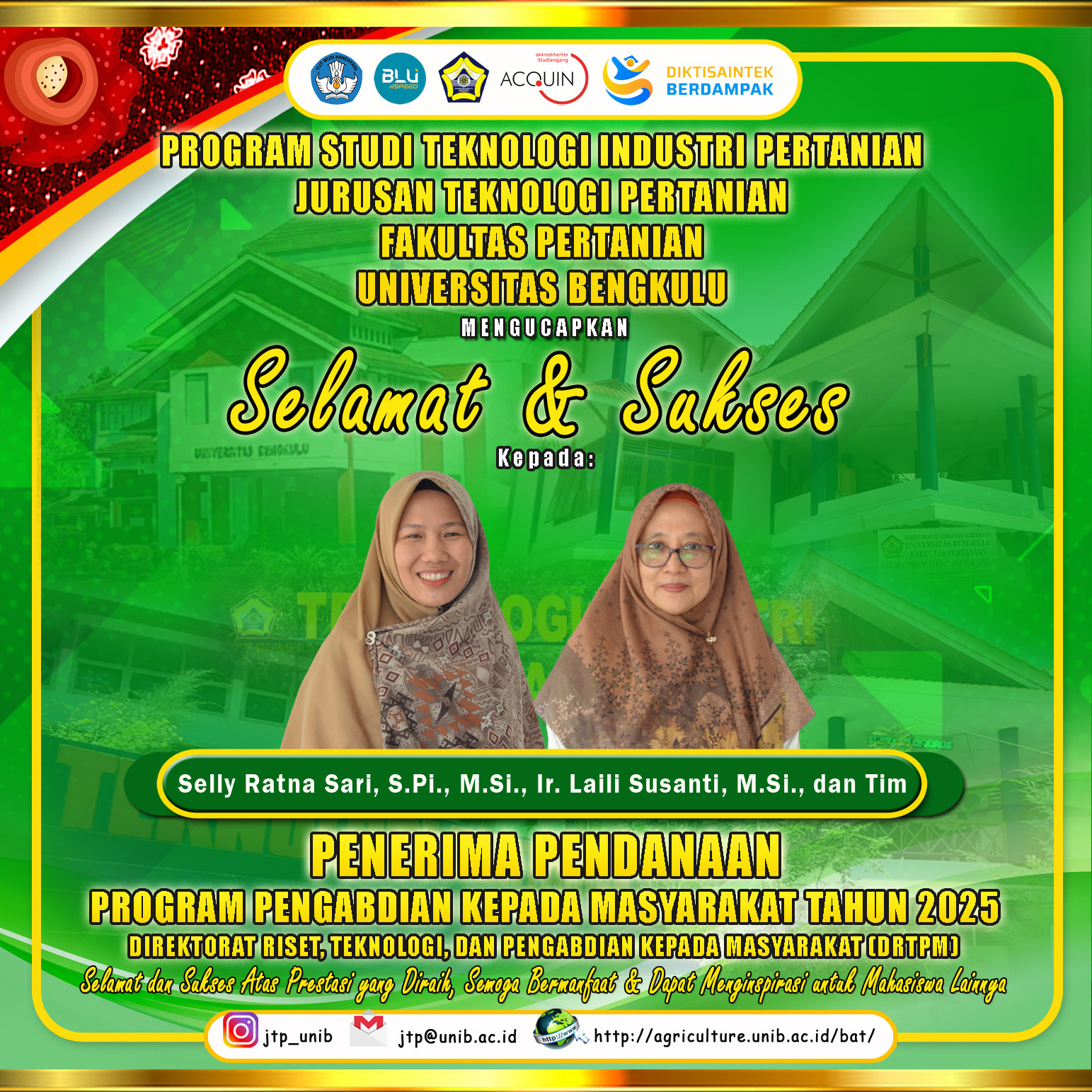 Selly Ratna Sari and Laili Susanti, Lecturers of the Department of Agricultural Technology, University of Bengkulu Passed the Receipt of DRTPM Funding for the Community Service Program in 2025 Selly Ratna Sari and Laili Susanti, Lecturers of the Department of Agricultural Technology, University of Bengkulu Passed the Receipt of DRTPM Funding for the Community Service Program in 2025