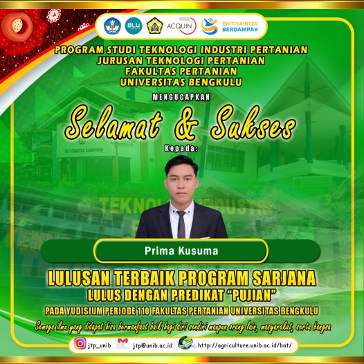 Prima Kusuma, a Student from the Department of Agricultural Technology, Become the Best Graduates of the Undergraduate Program at the Yudisium Period 110 of the Faculty of Agriculture