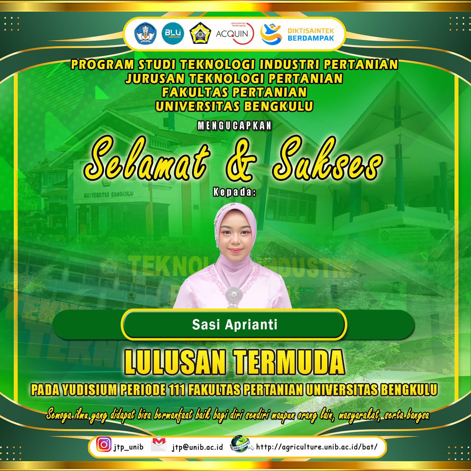 Sasi Aprianti, a student of the Department of Agricultural Technology became the Youngest Graduate at the Yudisium of the Faculty of Agriculture for the 111th Period