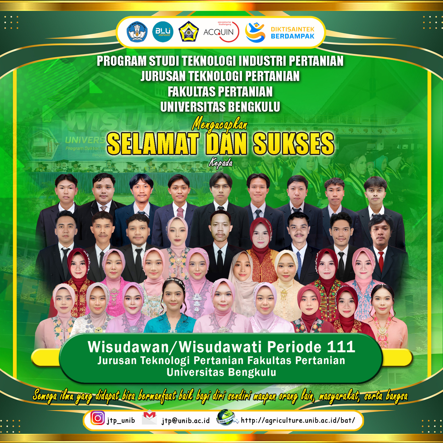 University of Bengkulu Holds Graduation for Period 111, Agricultural Industry Technology Study Program Adds 35 Best Graduates