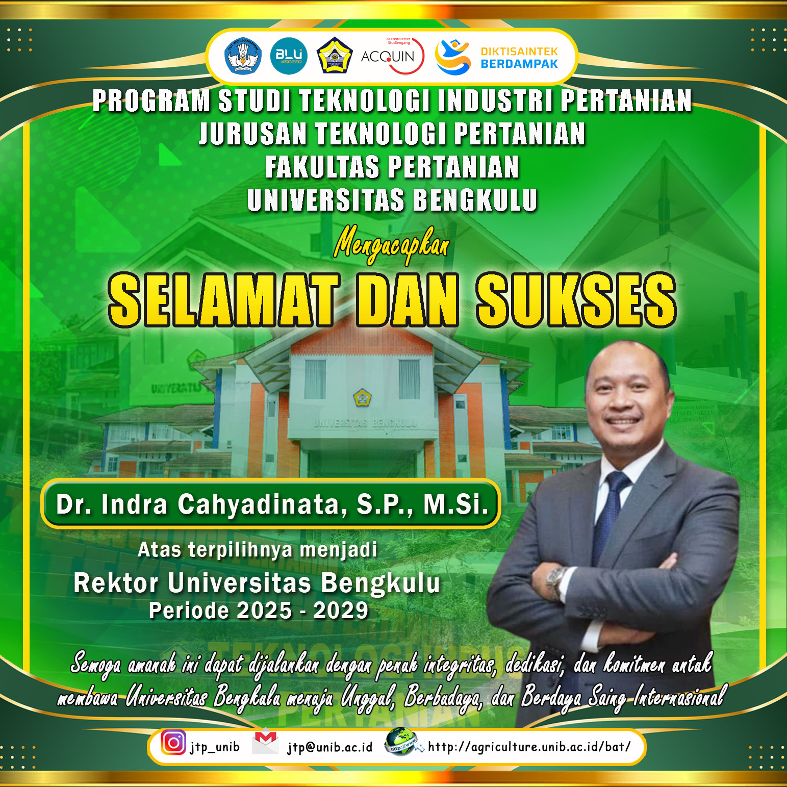 Dr. Indra Cahyadinata, S.P., M.Si. Elected as Rector of the University of Bengkulu for the 2025–2029 Period