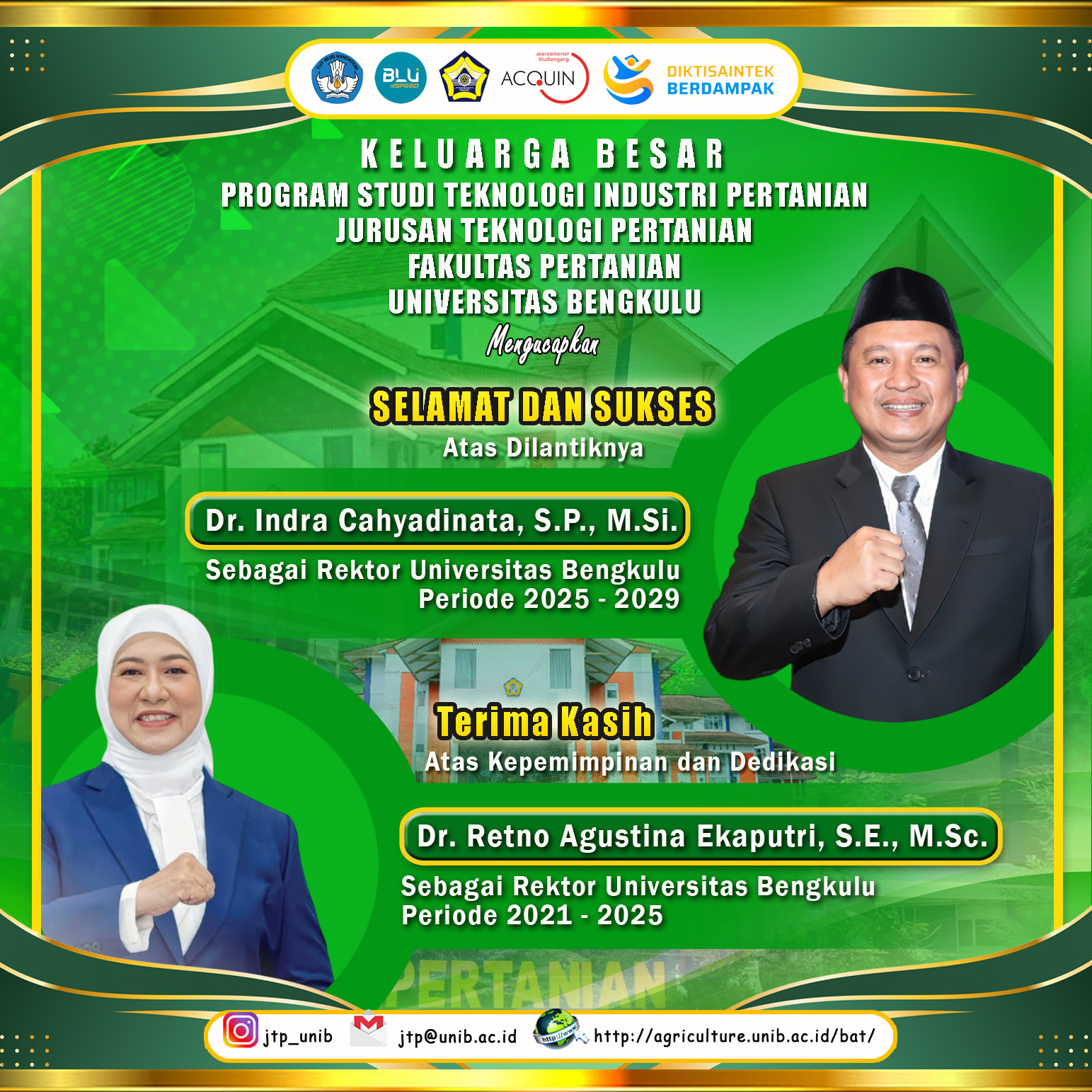 Dr. Indra Cahyadinata, S.P., M.Si. as the Rector of the University of Bengkulu for the period 2025 – 2029 was officially inaugurated