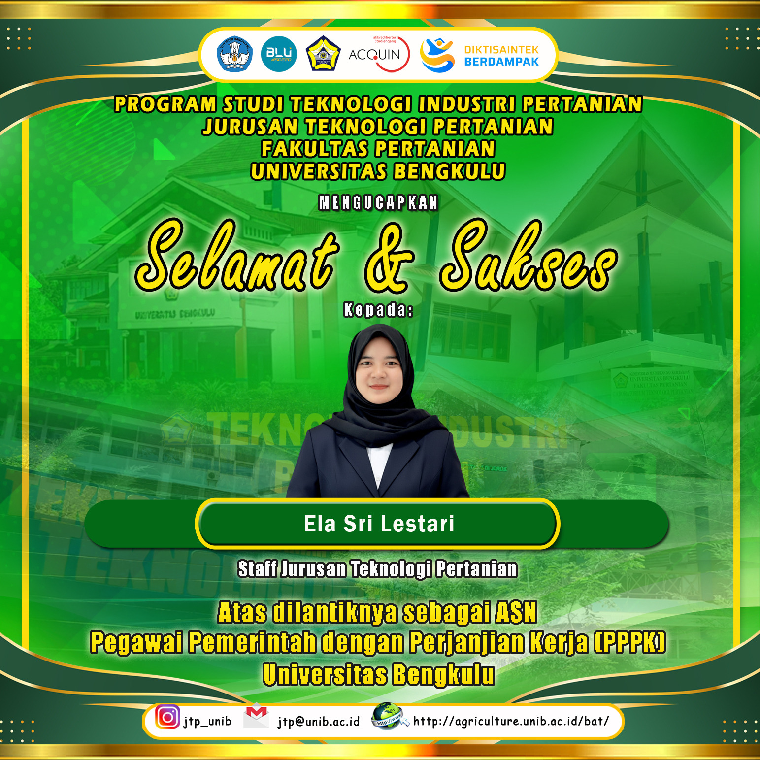 Ela Sri Lestari, staff of the Department of Agricultural Technology was inaugurated as a Government Employee with a Work Agreement (PPPK) of the University of Bengkulu Ela Sri Lestari, staff of the Department of Agricultural Technology was inaugurated as a Government Employee with a Work Agreement (PPPK) of the University of Bengkulu