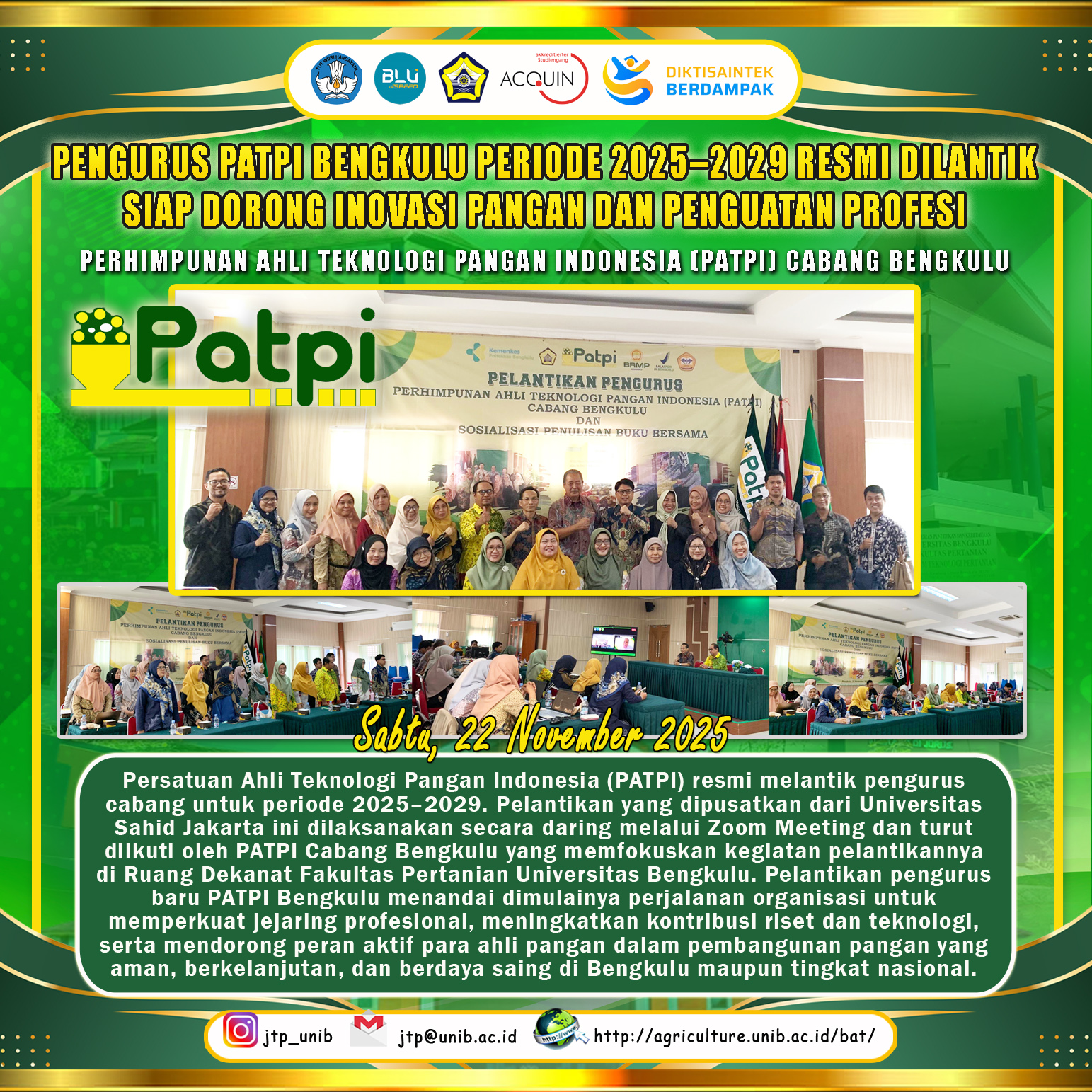 PATPI Bengkulu Management for the 2025-2029 Period Officially Inaugurated, Ready to Encourage Food Innovation and Professional Strengthening