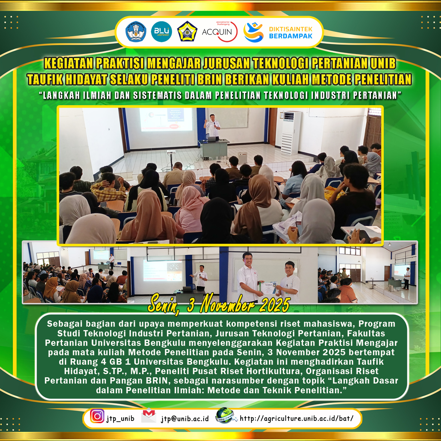 Strengthening Student Competence in Scientific Steps in Agricultural Industrial Technology Research, Taufik Hidayat as BRIN Researcher Gives Lecture on Practitioners Teaching Research Methods