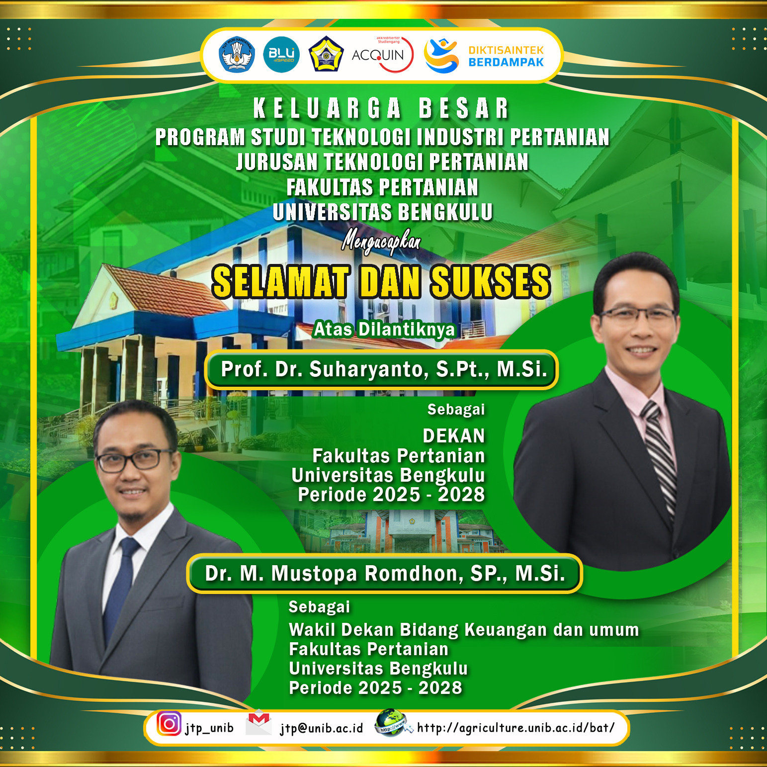 The New Dean and Vice Dean of the Faculty of Agriculture, University of Bengkulu Officially Inaugurated: Realizing a Superior and Competitive Faculty