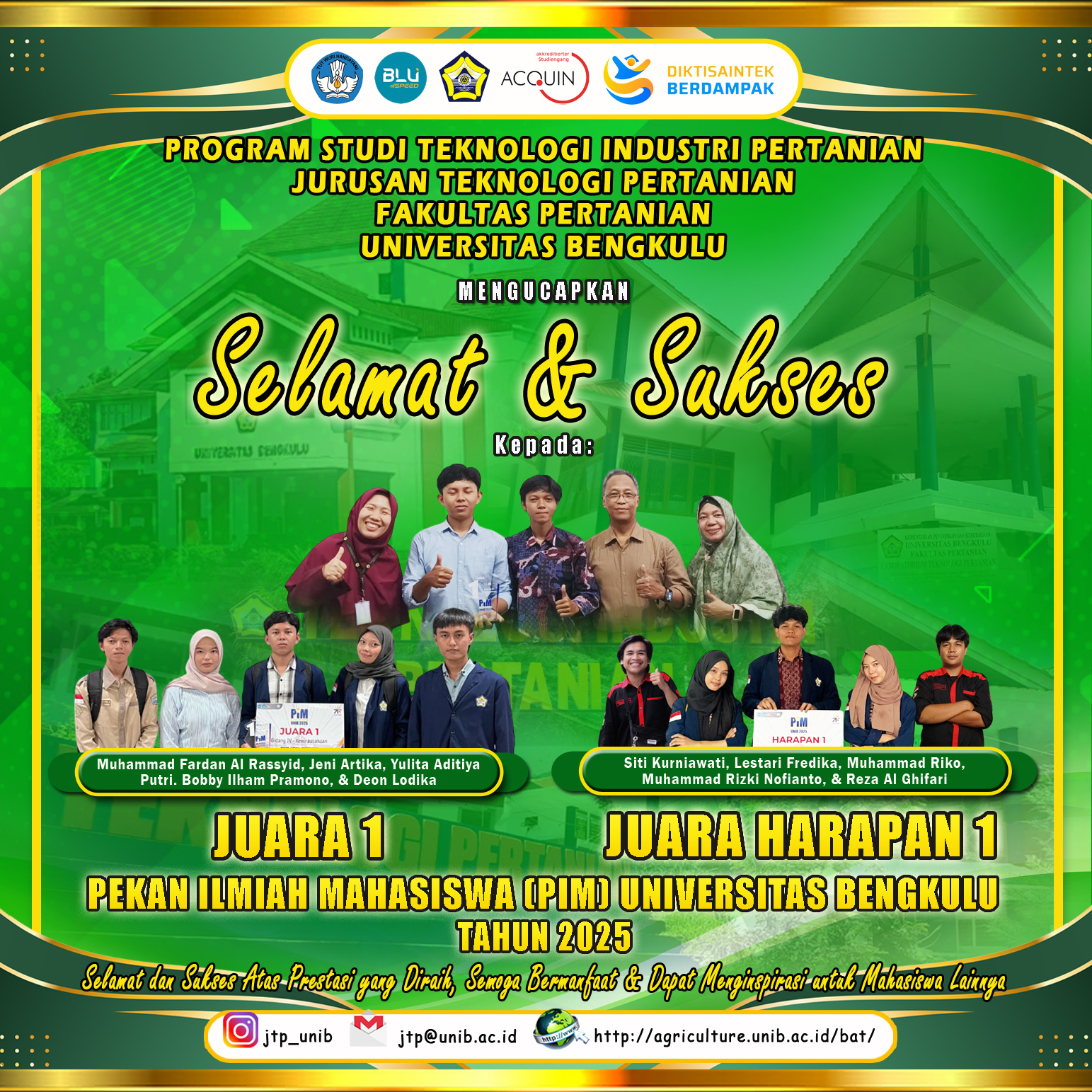 Students of the Department of Agricultural Technology Won 1st Place and 1st Place in the 2025 University of Bengkulu Student Scientific Week