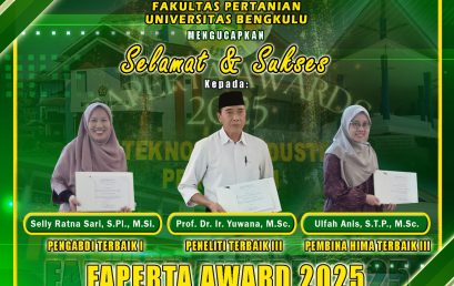 Prof. Dr. Ir. Yuwana, M.Sc., Selly Ratna Sari, S.Pi., M.Si., and Ulfah Anis, S.T.P., M.Sc., lecturers of the Department of Agricultural Technology won the Best Researcher, Best Service, and Best Hima Coach Awards at the 2025 FAPERTA Award