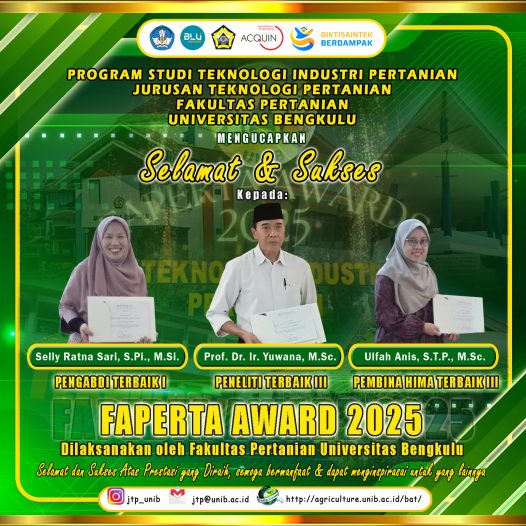Prof. Dr. Ir. Yuwana, M.Sc., Selly Ratna Sari, S.Pi., M.Si., and Ulfah Anis, S.T.P., M.Sc., lecturers of the Department of Agricultural Technology won the Best Researcher, Best Service, and Best Hima Coach Awards at the 2025 FAPERTA Award