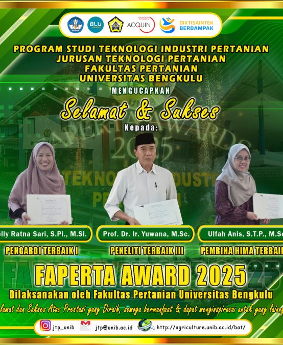 Prof. Dr. Ir. Yuwana, M.Sc., Selly Ratna Sari, S.Pi., M.Si., and Ulfah Anis, S.T.P., M.Sc., lecturers of the Department of Agricultural Technology won the Best Researcher, Best Service, and Best Hima Coach Awards at the 2025 FAPERTA Award