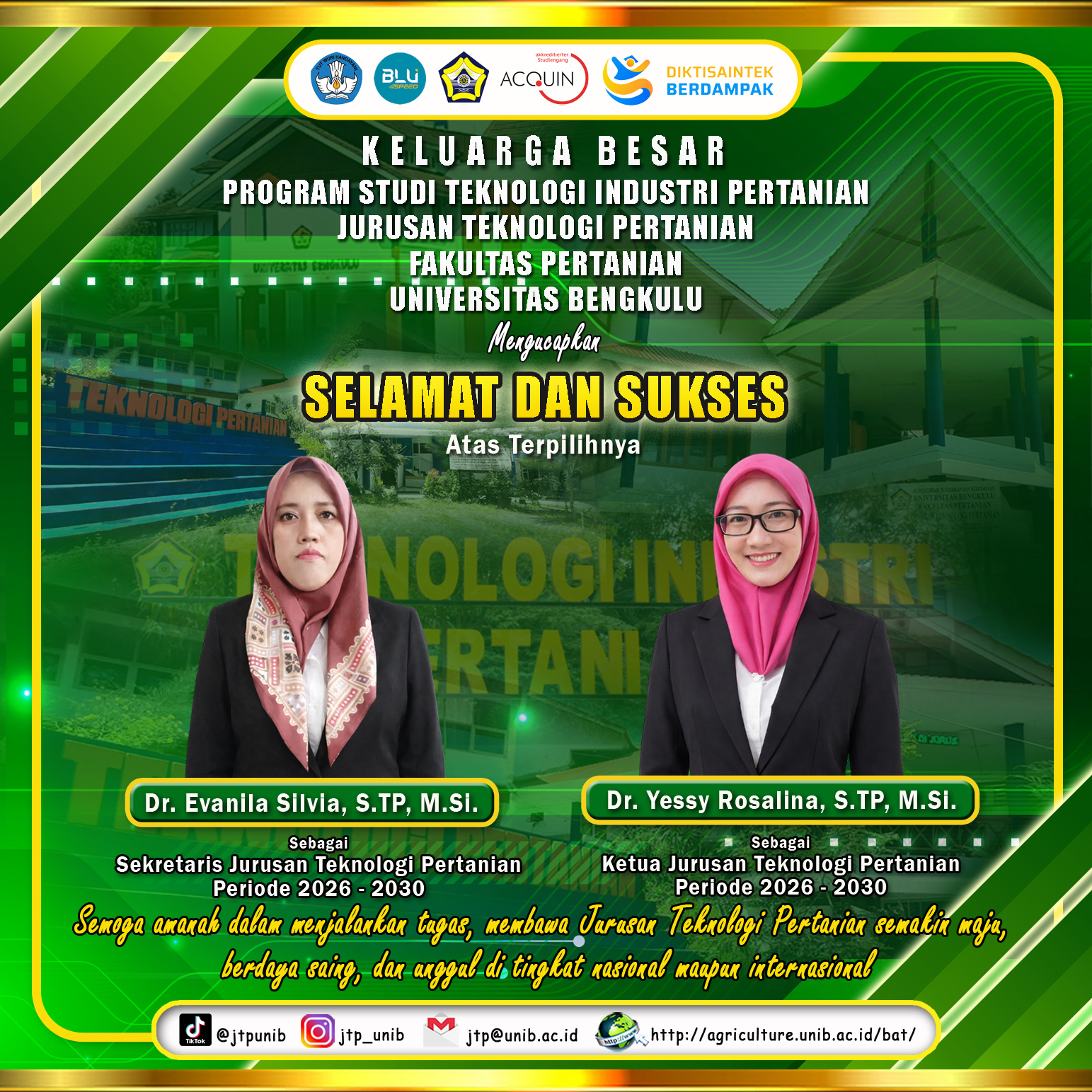 Dr. Yessy Rosalina, S.TP, M.Si. and Dr. Evanila Silvia, S.TP, M.Si. Elected as Chair and Secretary of the Department of Agricultural Technology, Faculty of Agriculture, University of Bengkulu for the period of 2026 – 2030