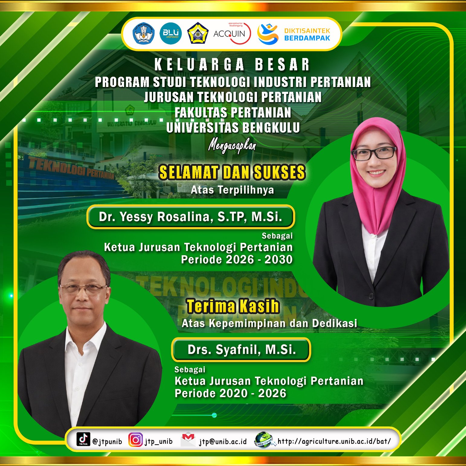 Dr. Yessy Rosalina, S.TP, M.Si. Elected as Head of the Department of Agricultural Technology, Faculty of Agriculture, University of Bengkulu for the period of 2026 – 2030 Dr. Yessy Rosalina, S.TP, M.Si. Elected as Head of the Department of Agricultural Technology, Faculty of Agriculture, University of Bengkulu for the period of 2026 – 2030
