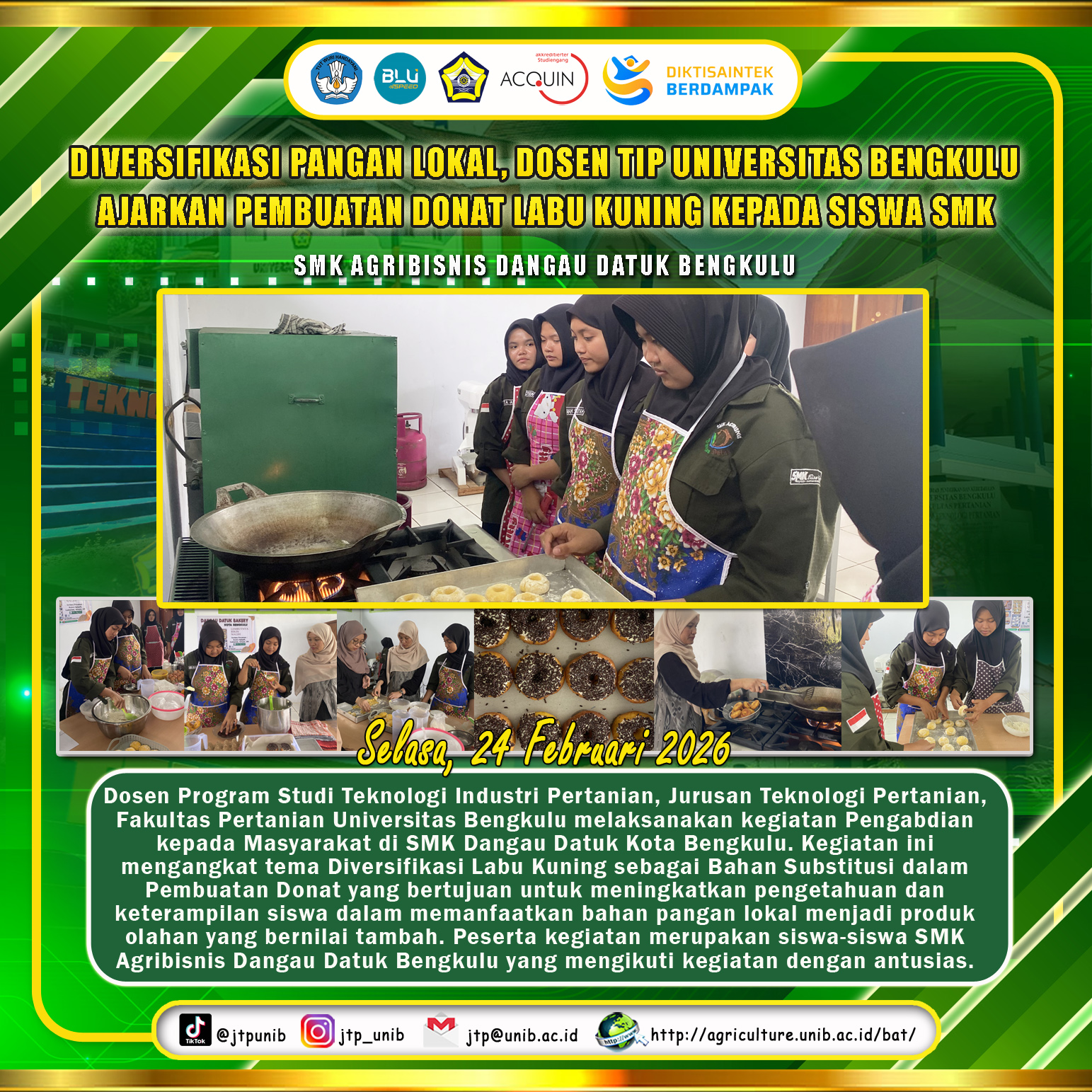 Diversifying Local Food, TIP Lecturer at the University of Bengkulu Teaches Yellow Pumpkin Donuts Making to Dangau Datuk Vocational School Students