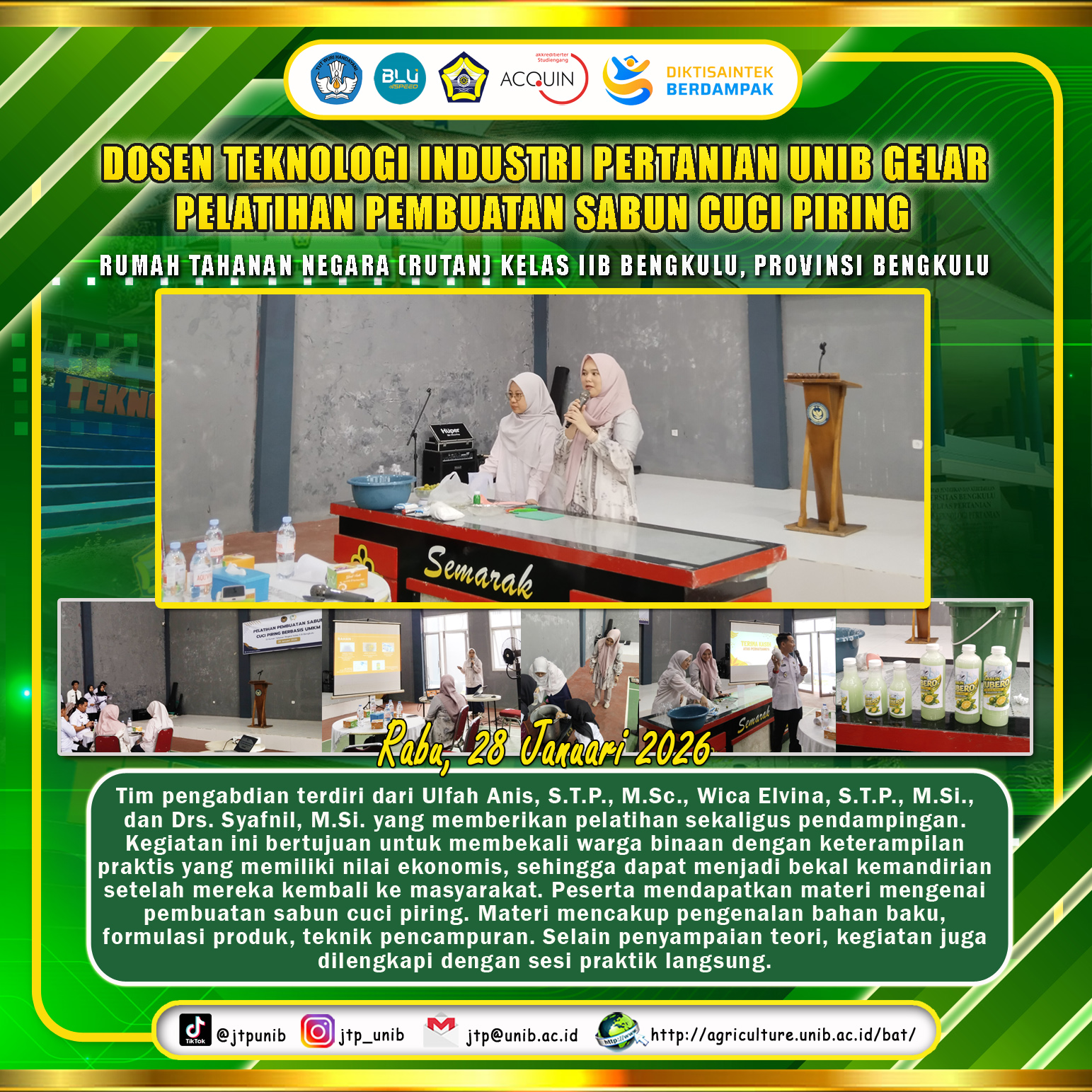 UNIB Agricultural Industrial Technology Lecturer Holds Dish Soap Making Training for Residents of Bengkulu Prison