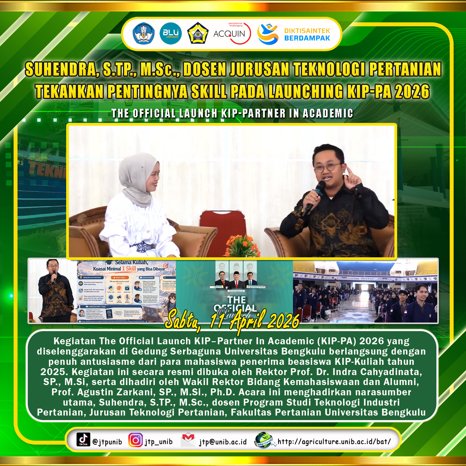 Suhendra, S.TP., M.Sc., Lecturer of the Department of Agricultural Technology UNIB Emphasizes the Importance of Skills at the Launching of KIP-PA 2026