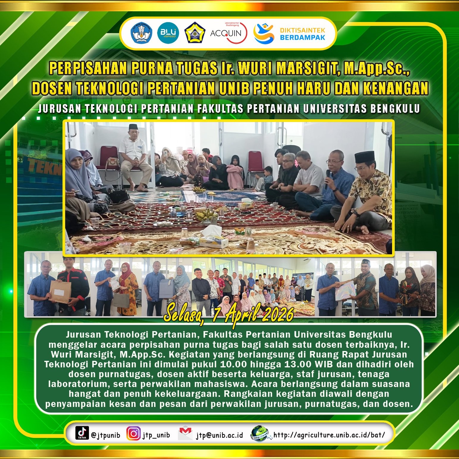 Farewell to Retiree Ir. Wuri Marsigit, M.App.Sc., Lecturer of Agricultural Technology UNIB Full of Emotion and Memories