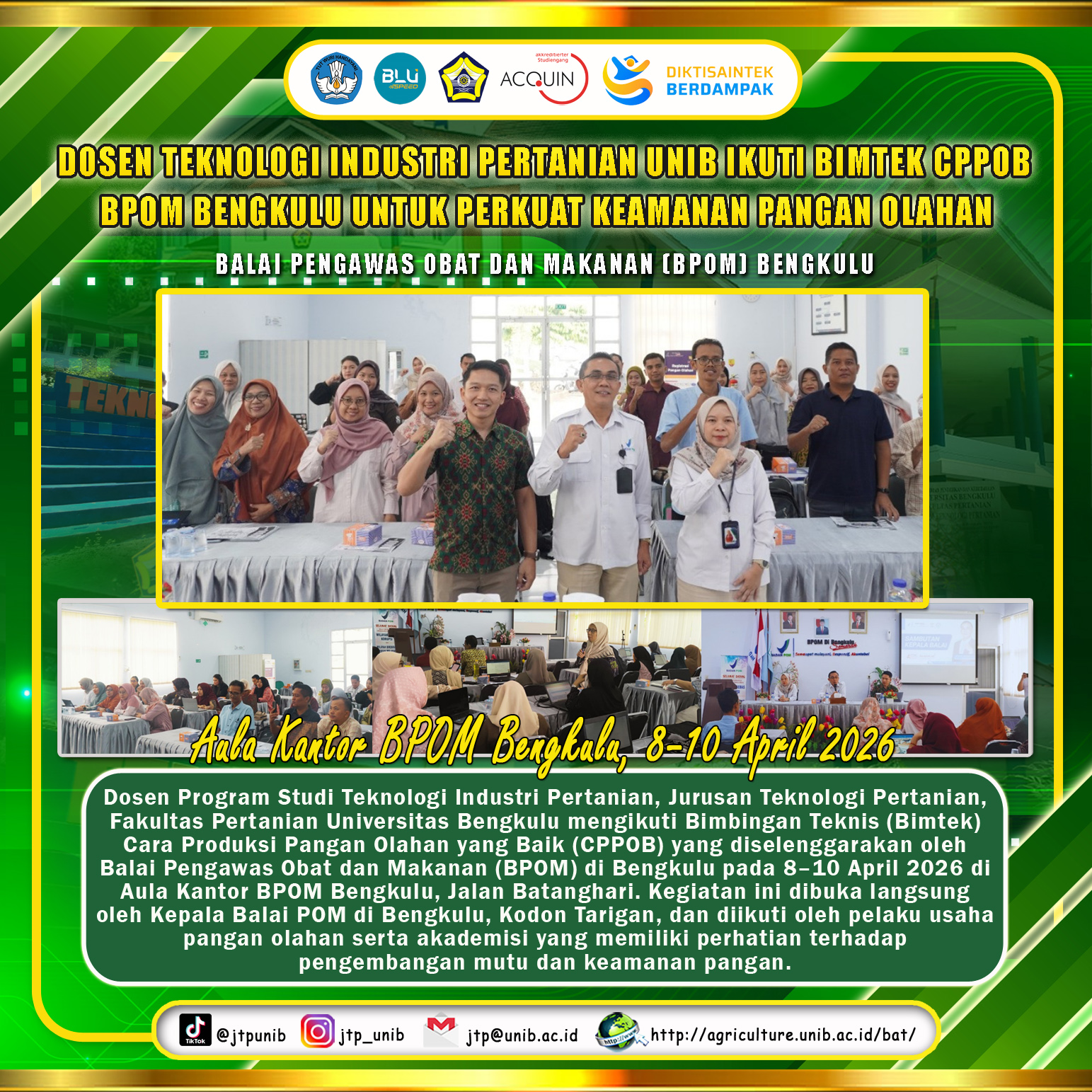 UNIB Agricultural Industry Technology Lecturer Participates in CPPOB BPOM Bengkulu Technical Guidance to Strengthen Processed Food Safety