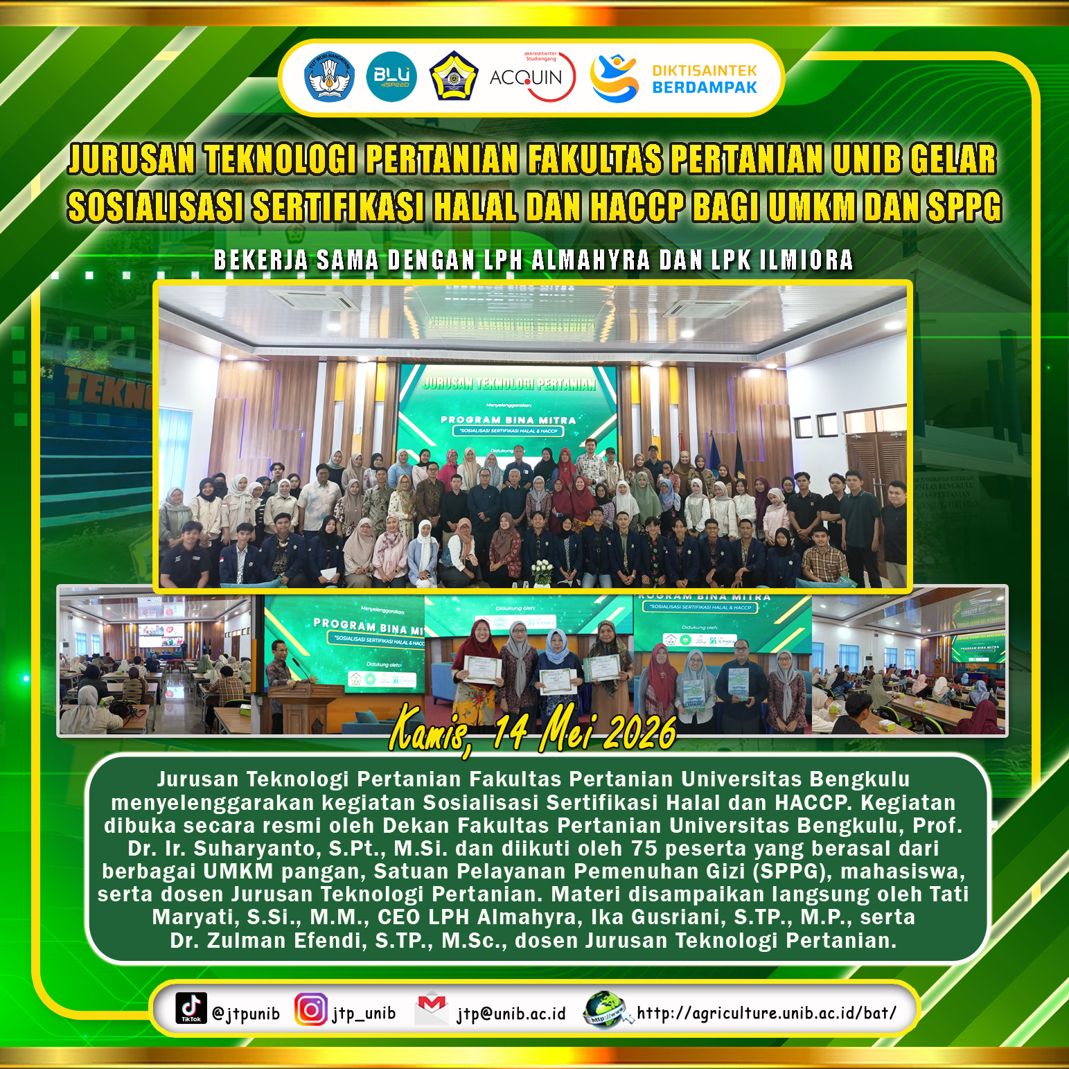 The Department of Agricultural Technology UNIB Holds Socialization of Halal and HACCP Certification for MSMEs and SPPG