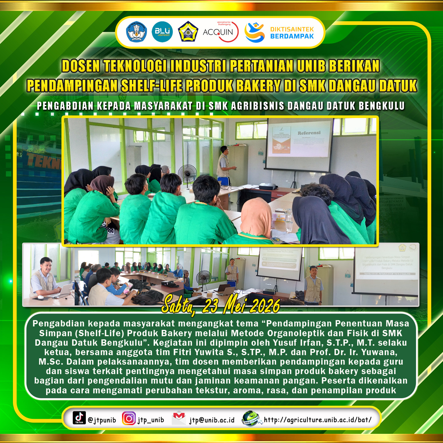 UNIB TIP Lecturer Provides Shelf-Life Assistance for Bakery Products at SMK Dangau Datuk Bengkulu