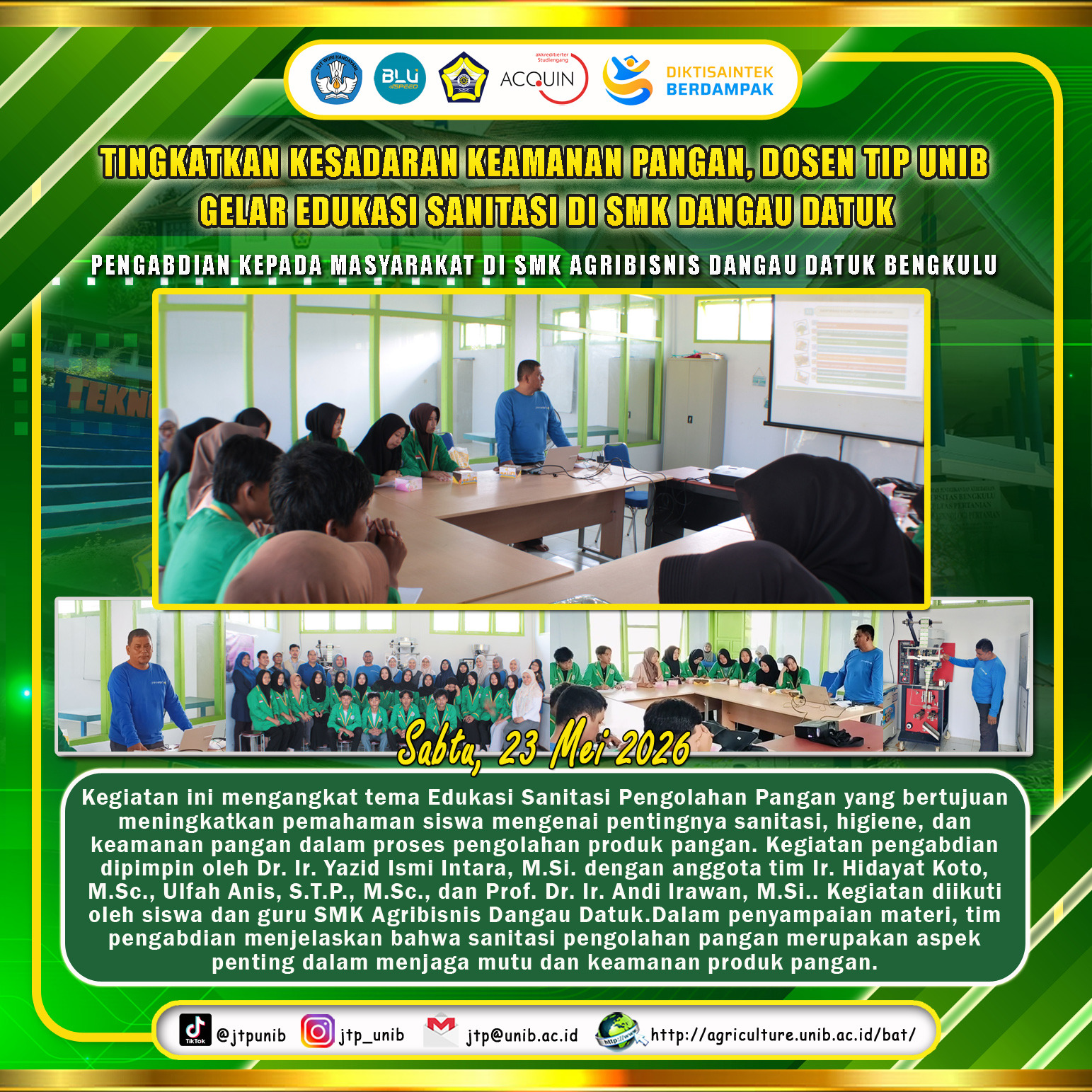 Increasing Food Safety Awareness, UNIB TIP Lecturer Holds Sanitation Education at SMK Dangau Datuk