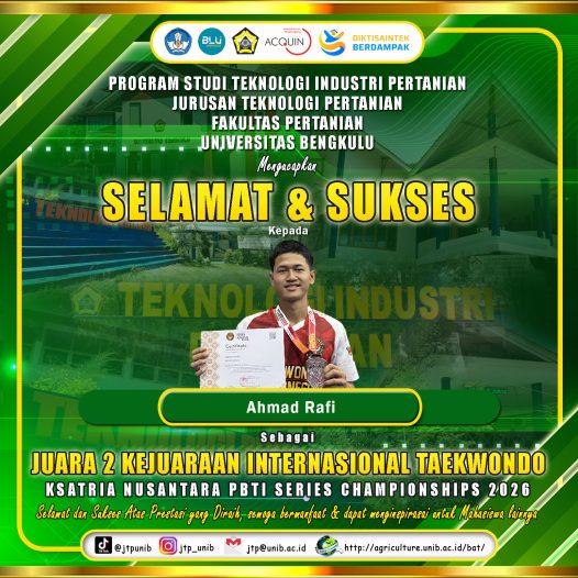 Ahmad Rafi, a student of Agricultural Industrial Technology at the University of Bengkulu, won 2nd place at the International Taekwondo Championship of KSATRIA NUSANTARA PBTI Series Championships 2026