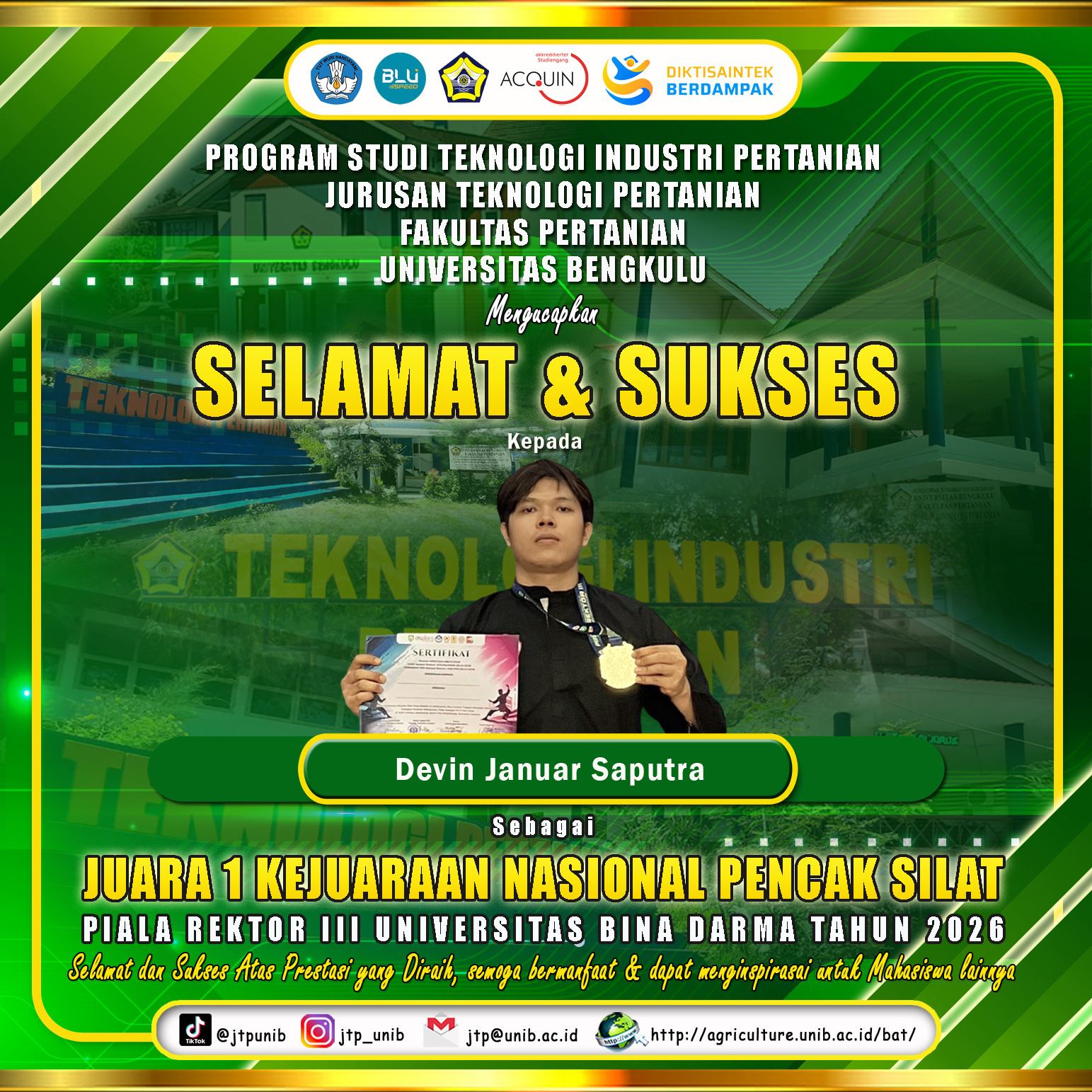 Devin Januar Saputra, Agricultural Technology Student of UNIB Won 1st Place in the National Pencak Silat Championship of the Rector III Cup of Bina Darma University